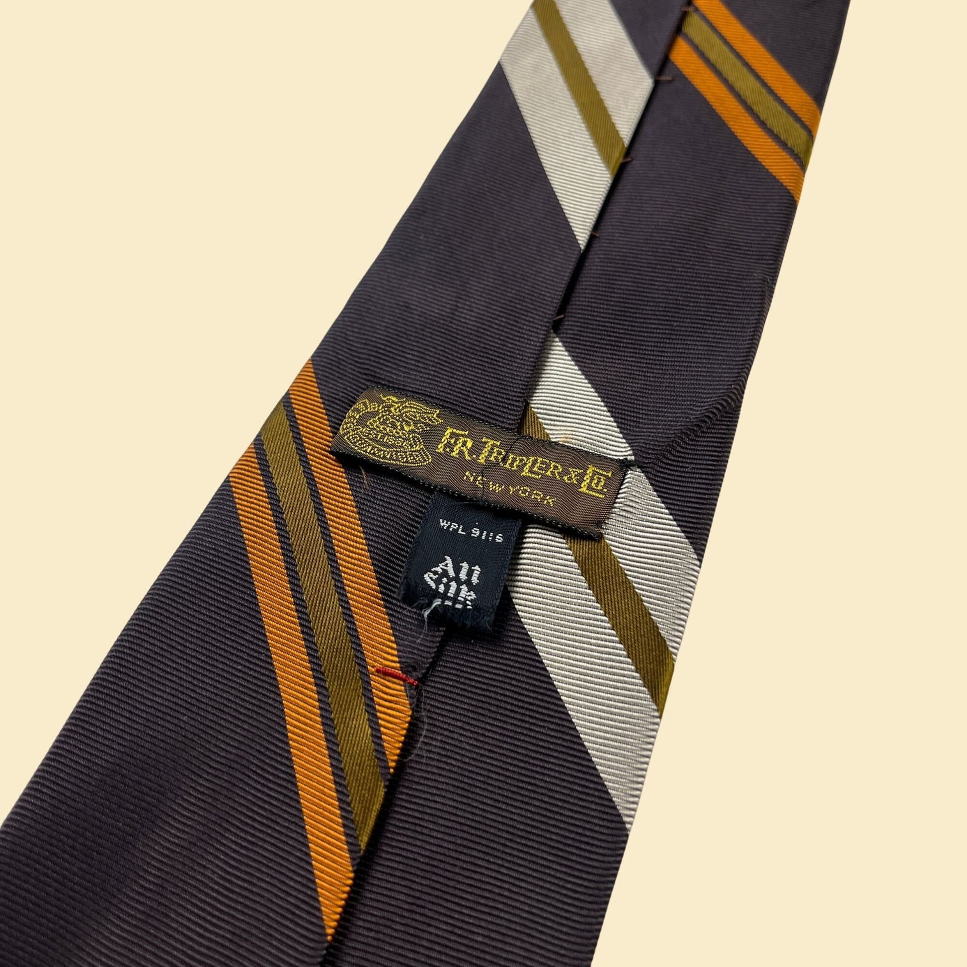 1960s silk necktie by F.R. Tripler & Co, vintage striped brown and orange men's luxury tie