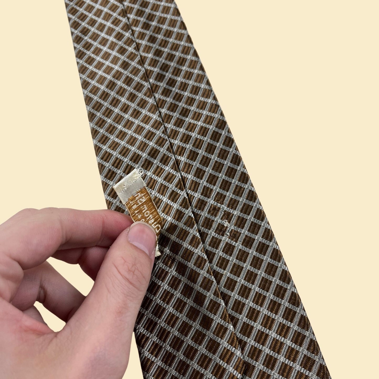 1970s copper necktie by The Custom Shop, vintage 70s grid patterned metallic copper & gold silk tie