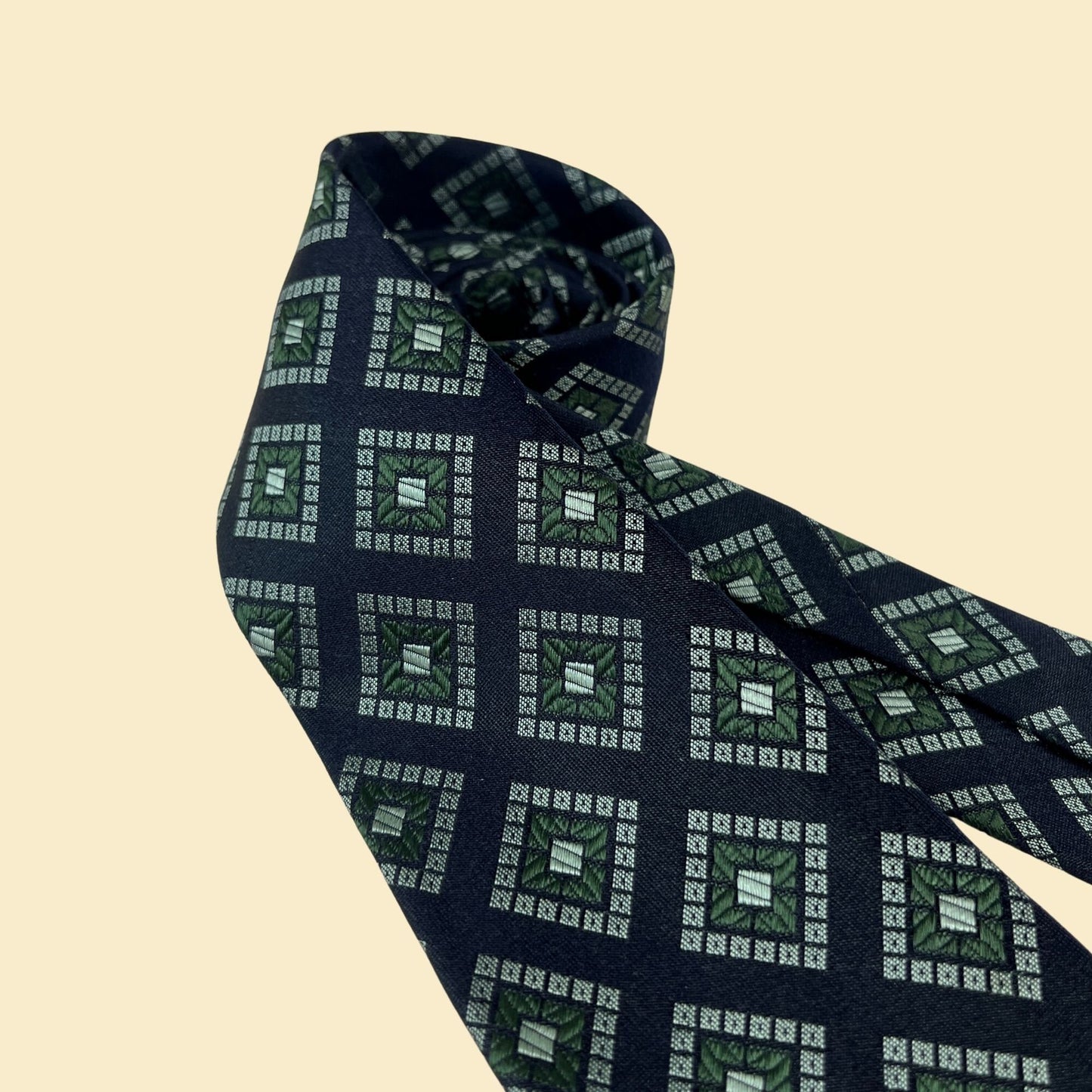 1970s diamond patterned necktie by Dunhill Tailors, vintage blue & green silk men's tie