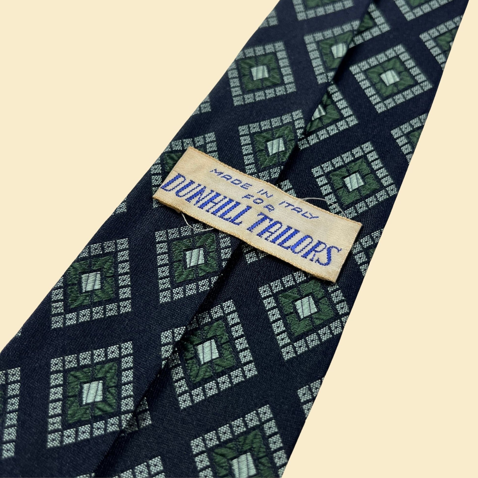 1970s diamond patterned necktie by Dunhill Tailors, vintage blue & green silk men's tie