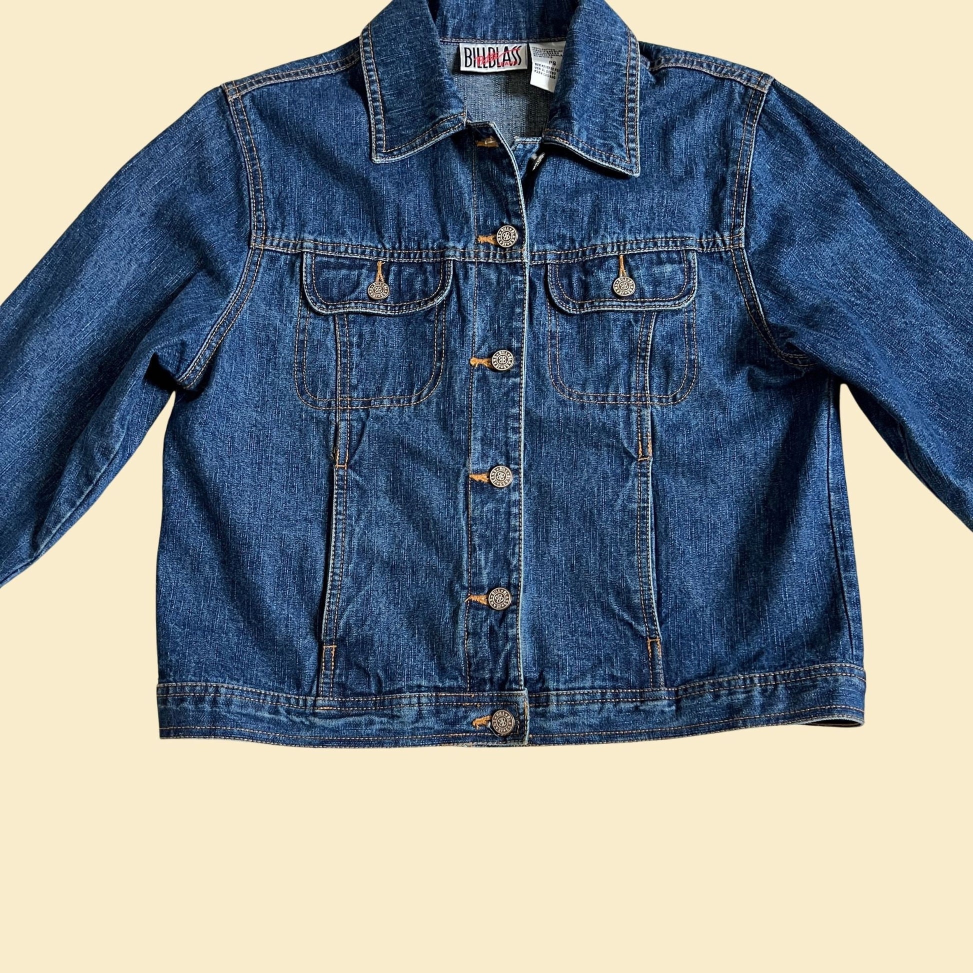 90s denim jacket by Bill Blass Petites in size petite small, vintage 1990s women's denim button down