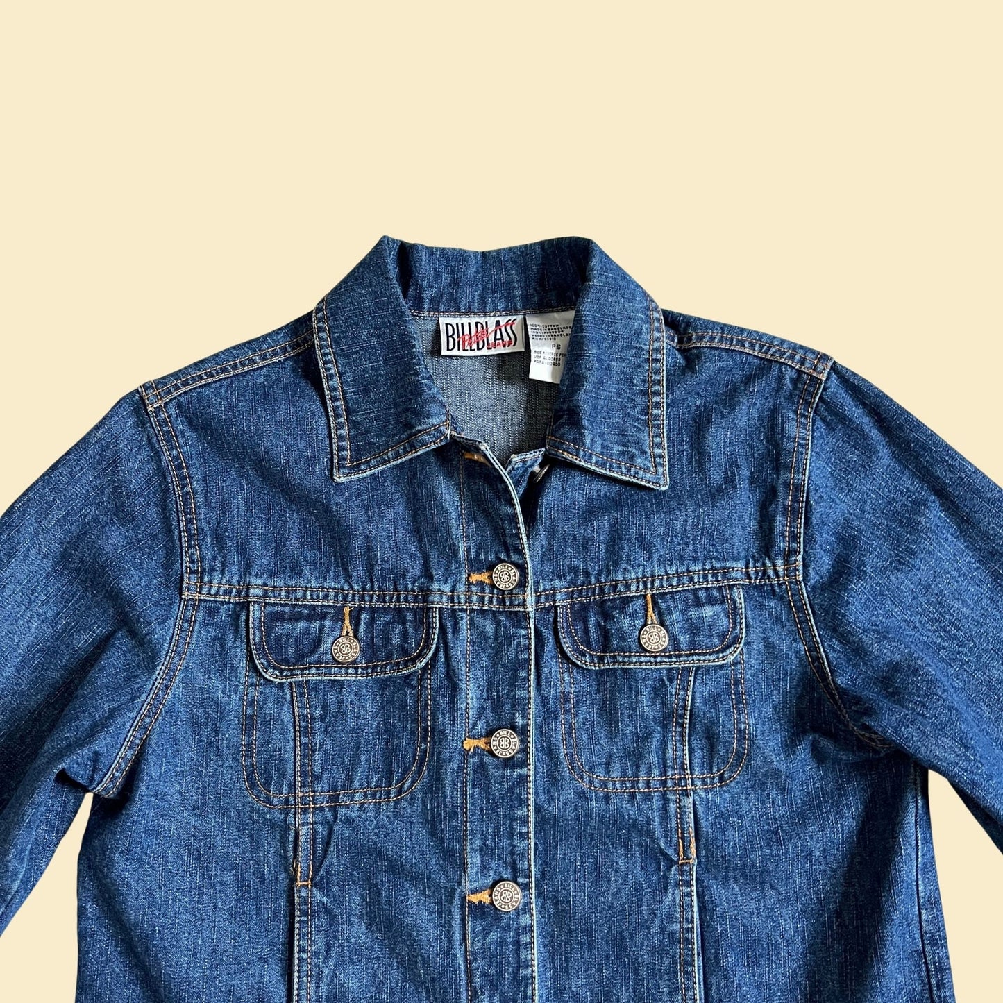 90s denim jacket by Bill Blass Petites in size petite small, vintage 1990s women's denim button down