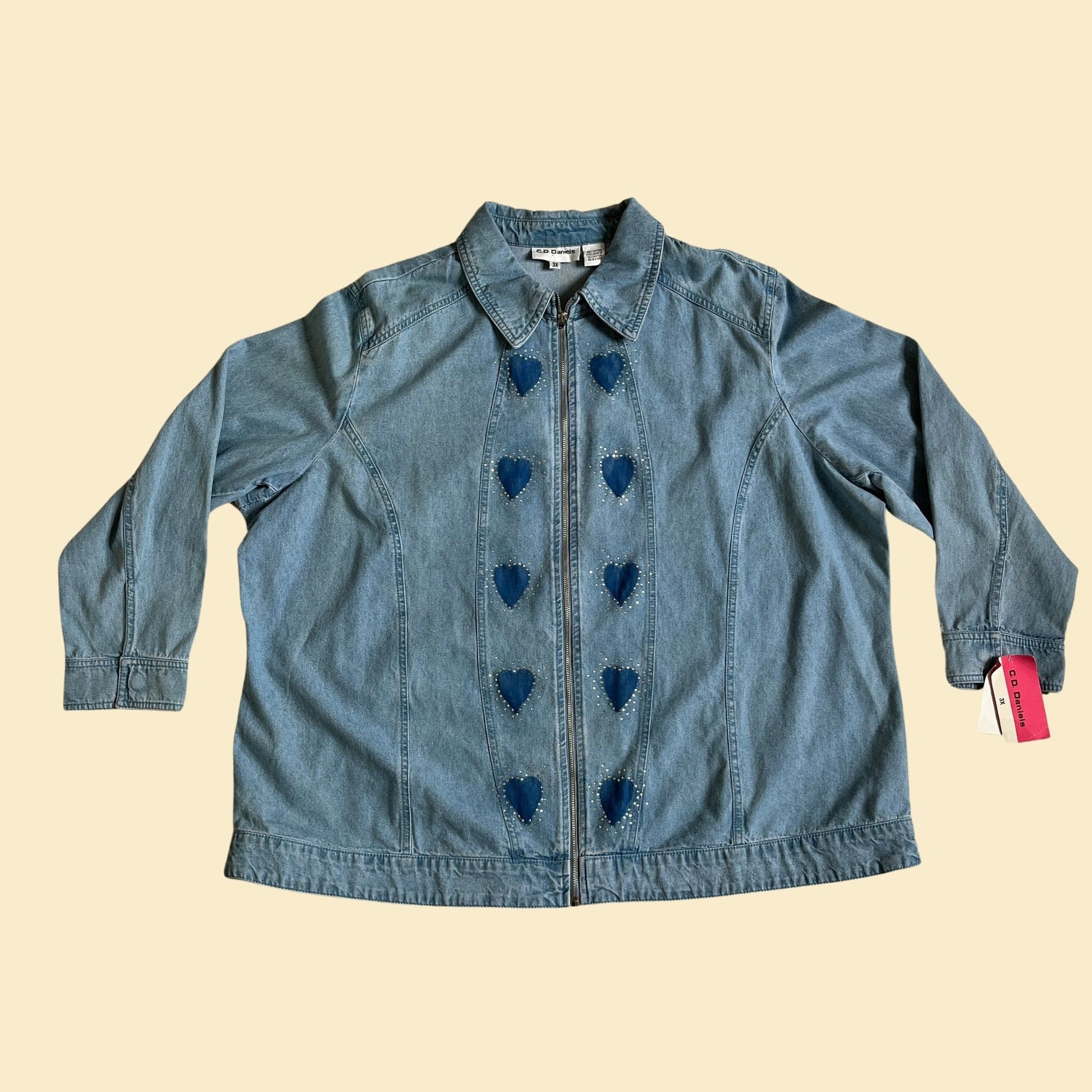 90s chambray zip up jacket by C.D. Daniels in size 3X, vintage denim heart patterned jacket with rhinestones and jewels