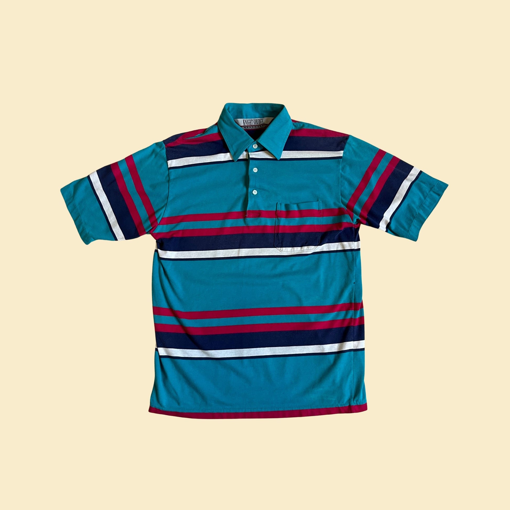 90s men's shirt by Knightsbridge, size small vintage 1990s teal & pink striped men's short sleeve polo