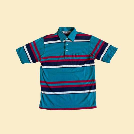 90s men's shirt by Knightsbridge, size small vintage 1990s teal & pink striped men's short sleeve polo