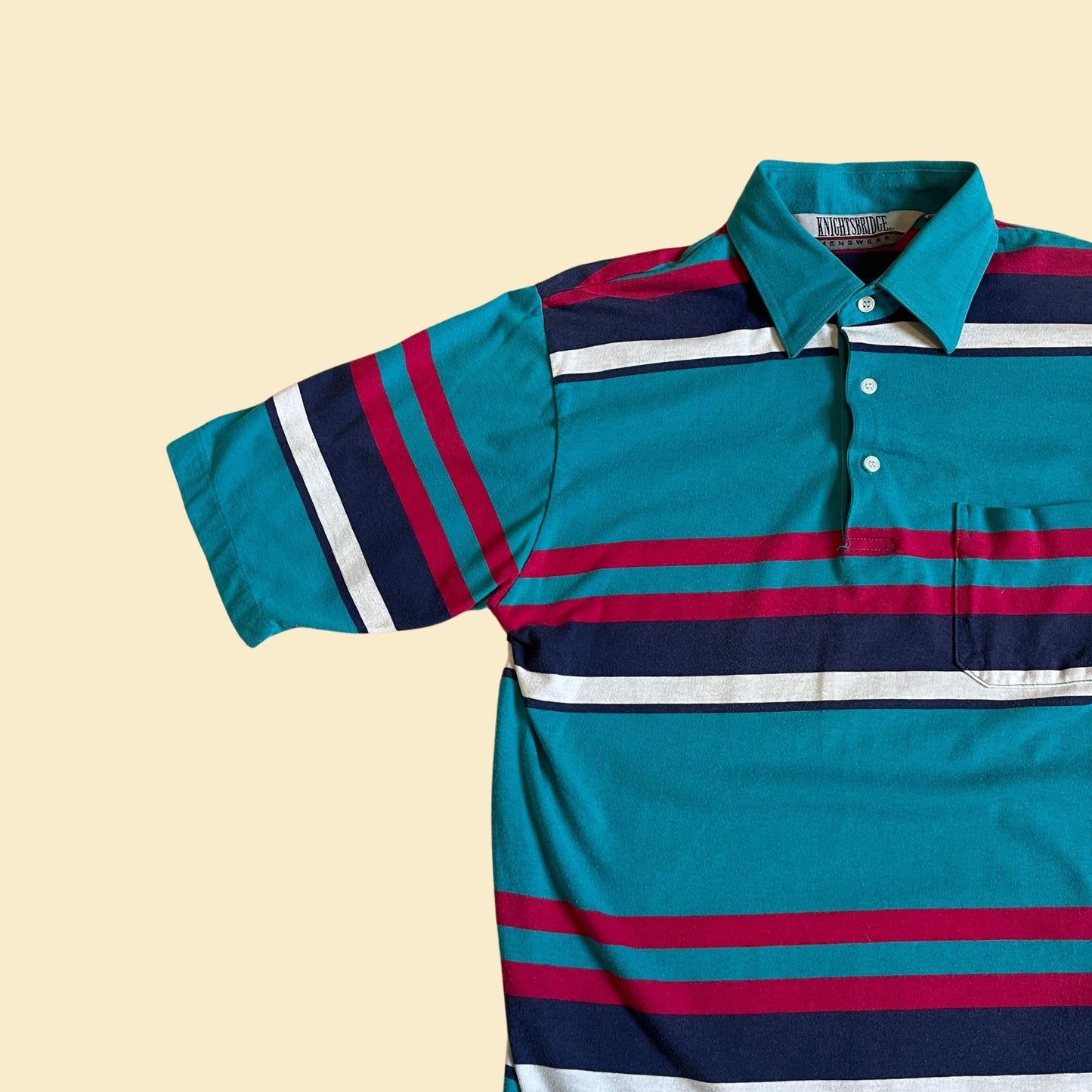 90s men's shirt by Knightsbridge, size small vintage 1990s teal & pink striped men's short sleeve polo