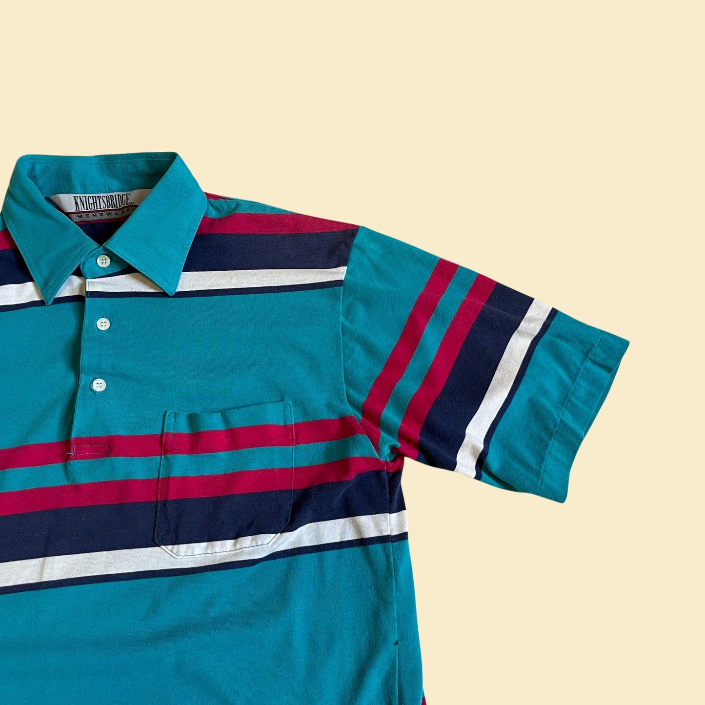 90s men's shirt by Knightsbridge, size small vintage 1990s teal & pink striped men's short sleeve polo