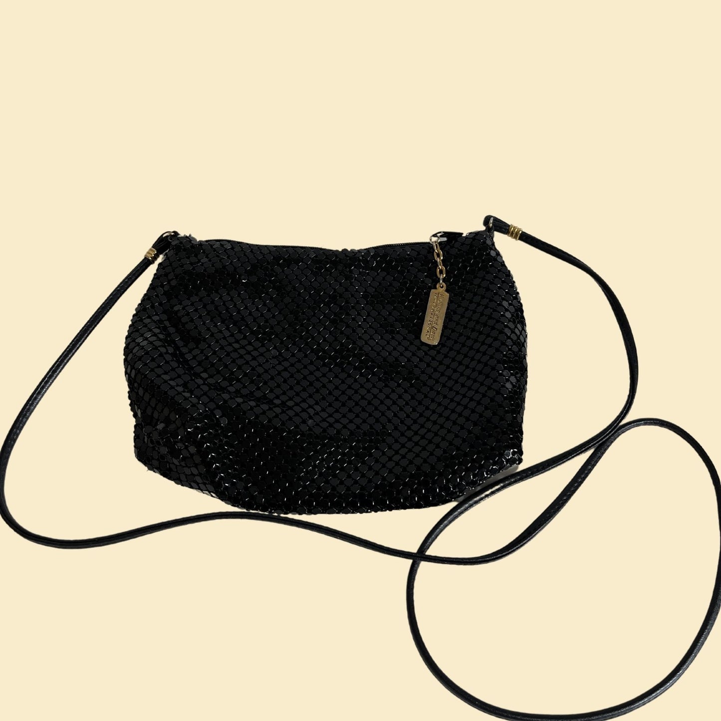 80s Whiting & Davis shoulder bag, vintage mesh black shiny 1980s evening bag with brass/gold hardware