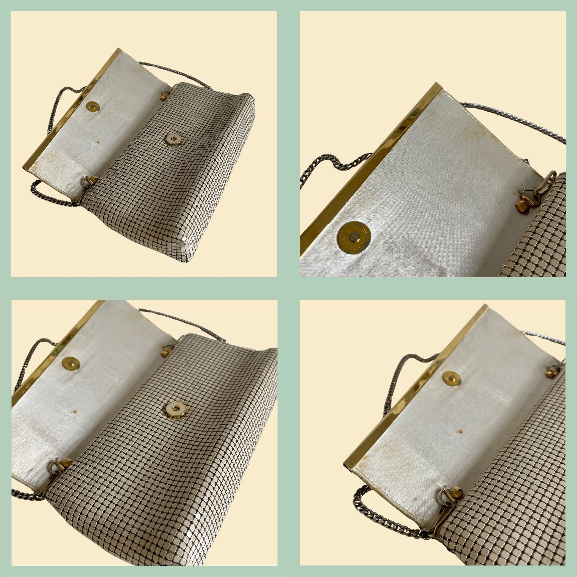 80s metal mesh handbag by Studio Imports, vintage cream / ivory colored shoulder bag, 1980s purse