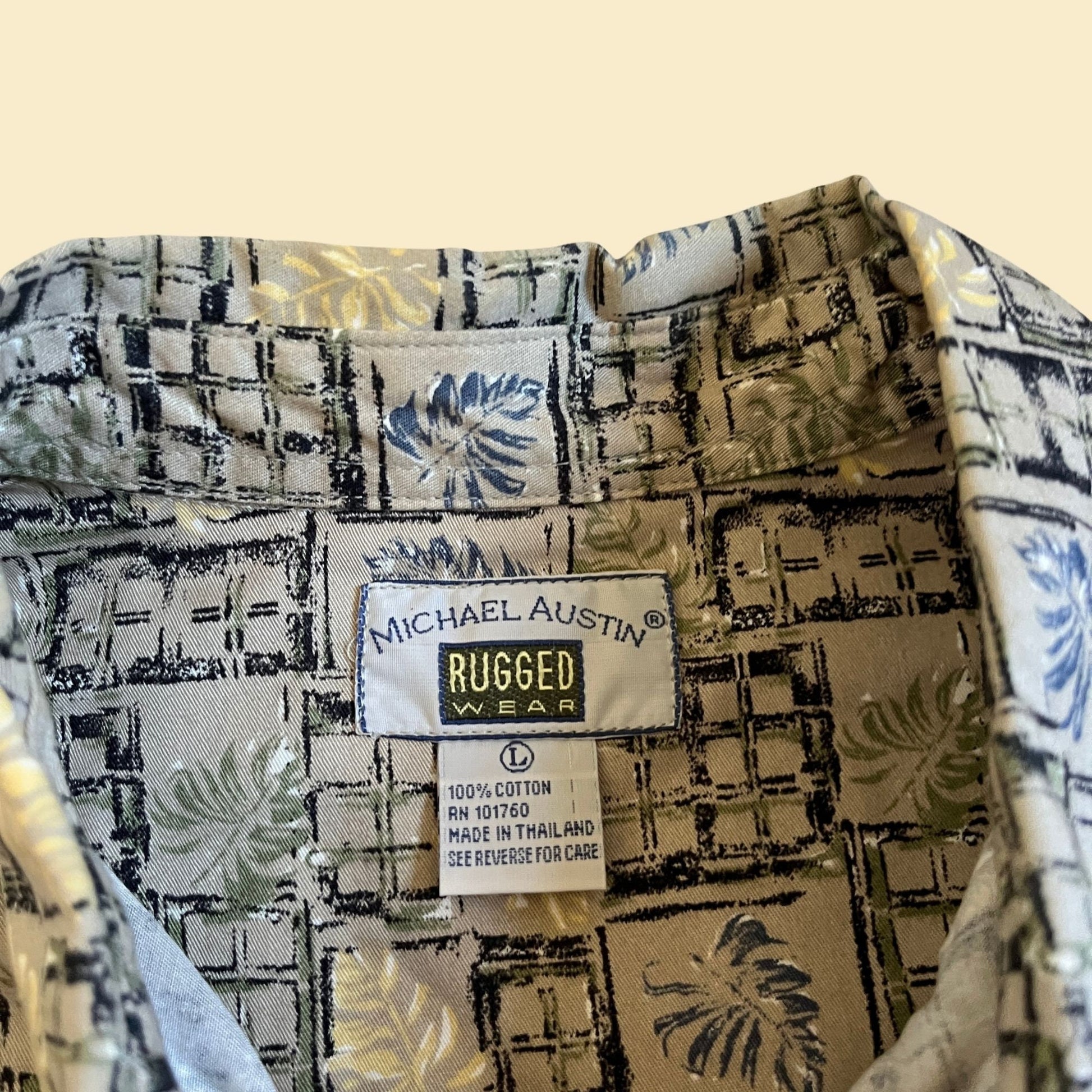 90s patterned men's shirt by Michael Austin Rugged Wear, size L, men's leaf patterned tropical geometric button down short sleeve top