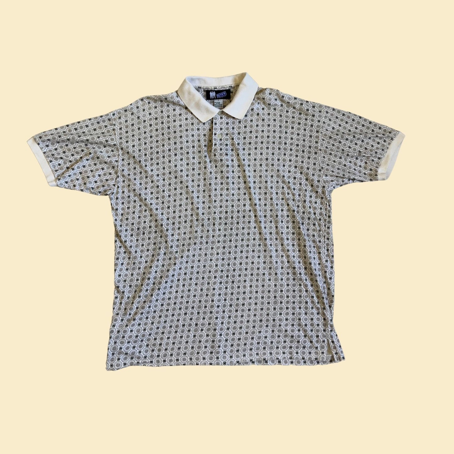 90s polo shirt by Review by Baxter, size medium, white, green and brown geometric men's short sleeve golf shirt