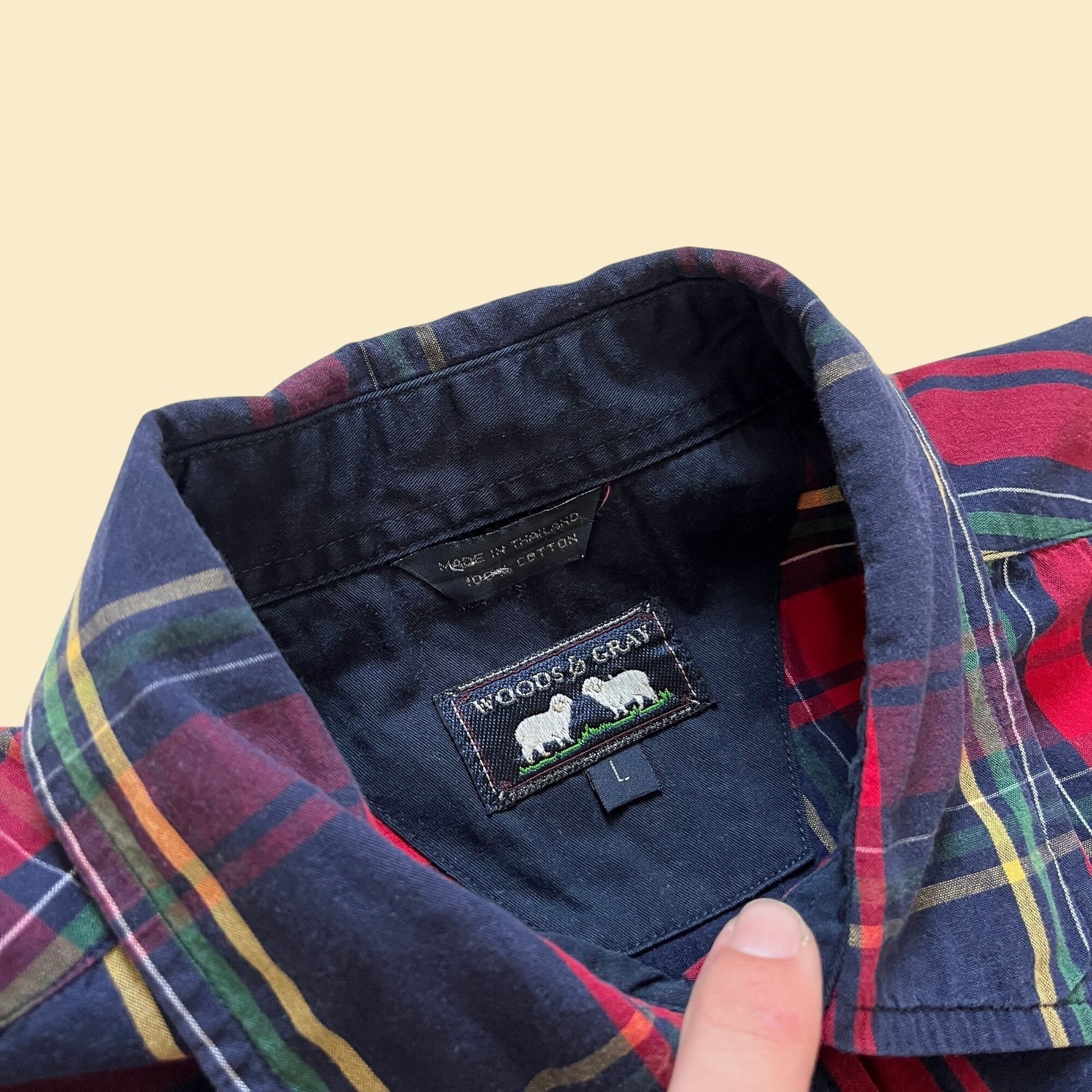 90s plaid short sleeve by Woods & Gray, size L, vintage 1990s blue, red and green button down collared men's shirt