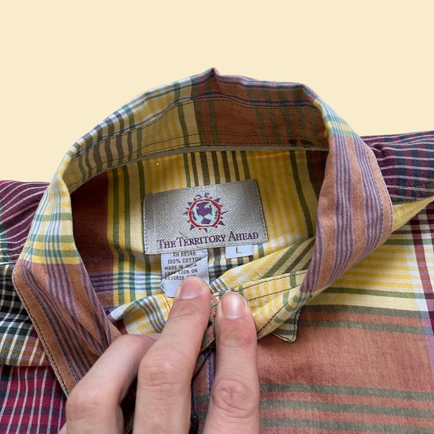 90s plaid men's shirt by The Territory Ahead, size L, vintage 1990s short sleeve yellow and green patterned short sleeve top