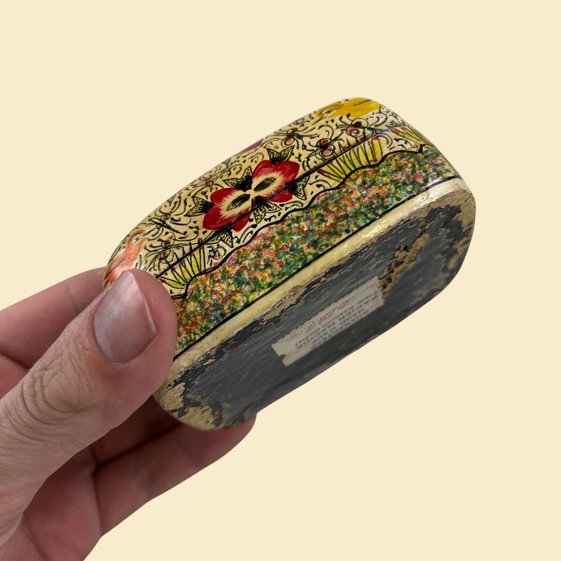 Vintage 1960s lacquer box, floral & bird patterned papier-mâché box, made in Kashmir India