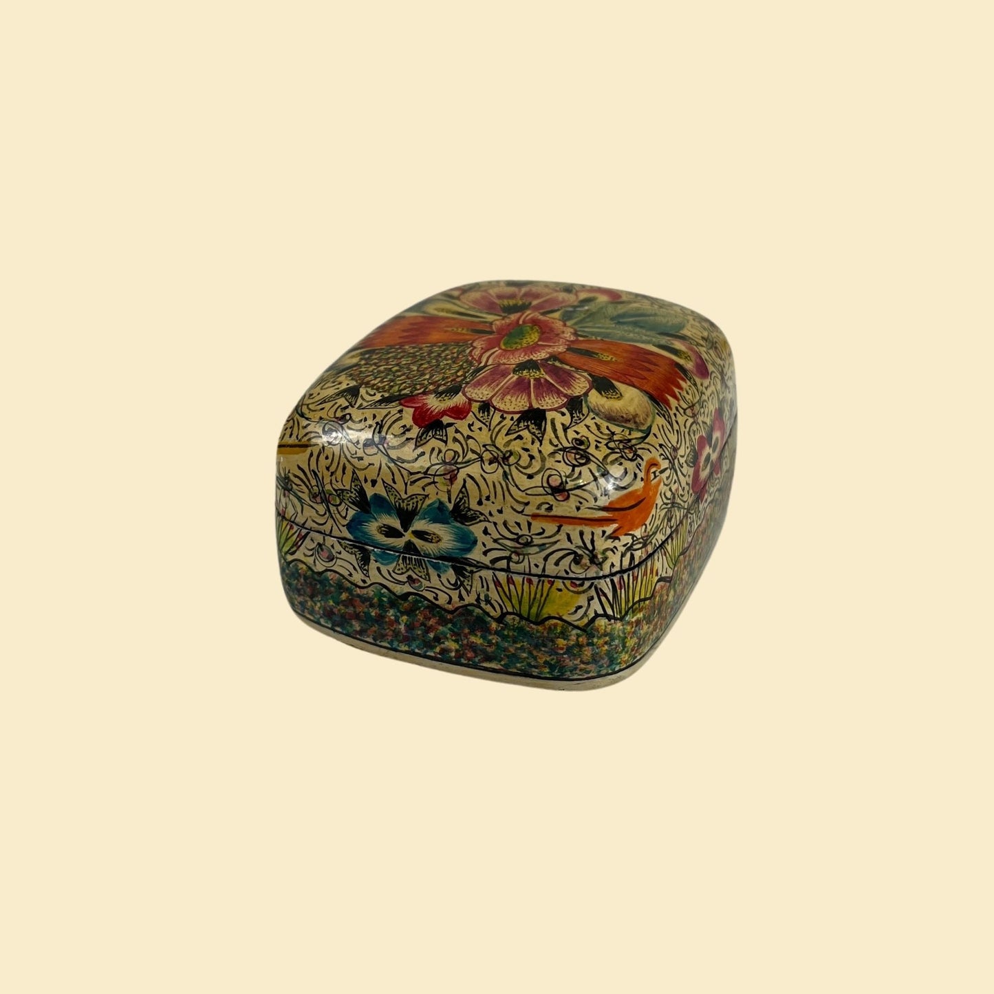 Vintage 1960s lacquer box, floral & bird patterned papier-mâché box, made in Kashmir India