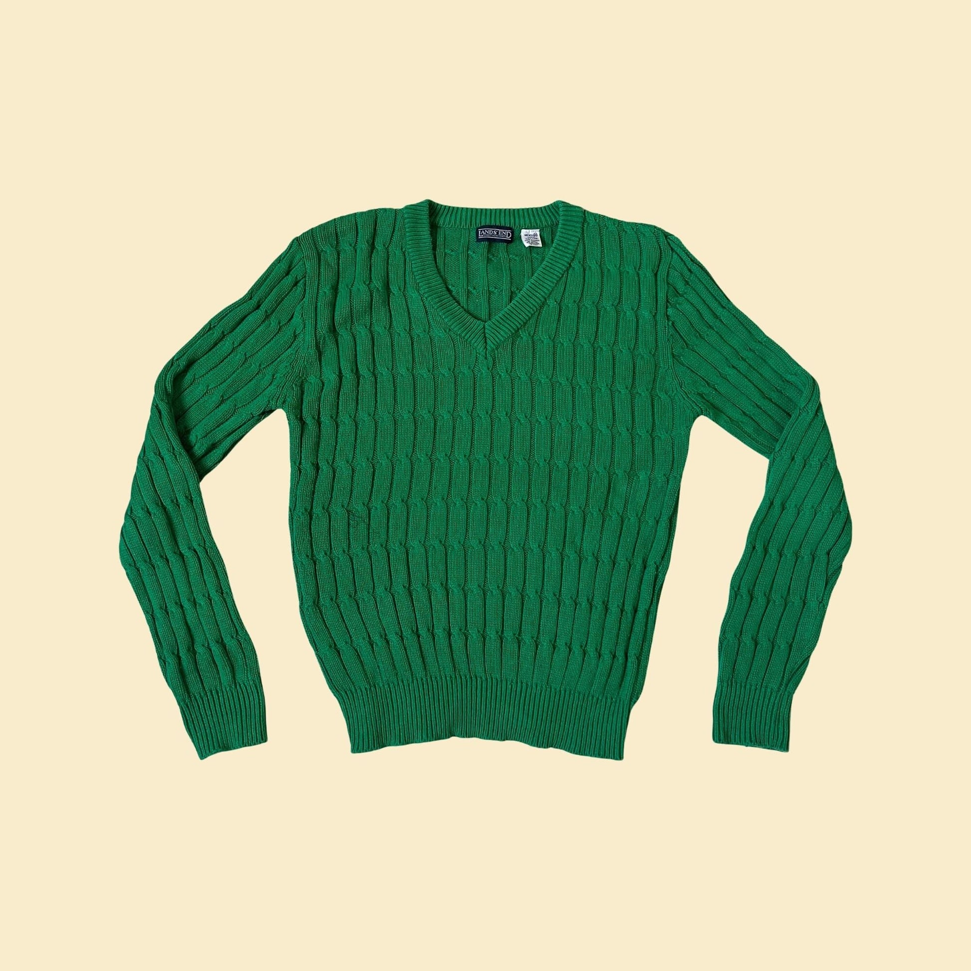 Vintage 80s green v-neck sweater by Lands End, size medium, textured 1980s green sweater