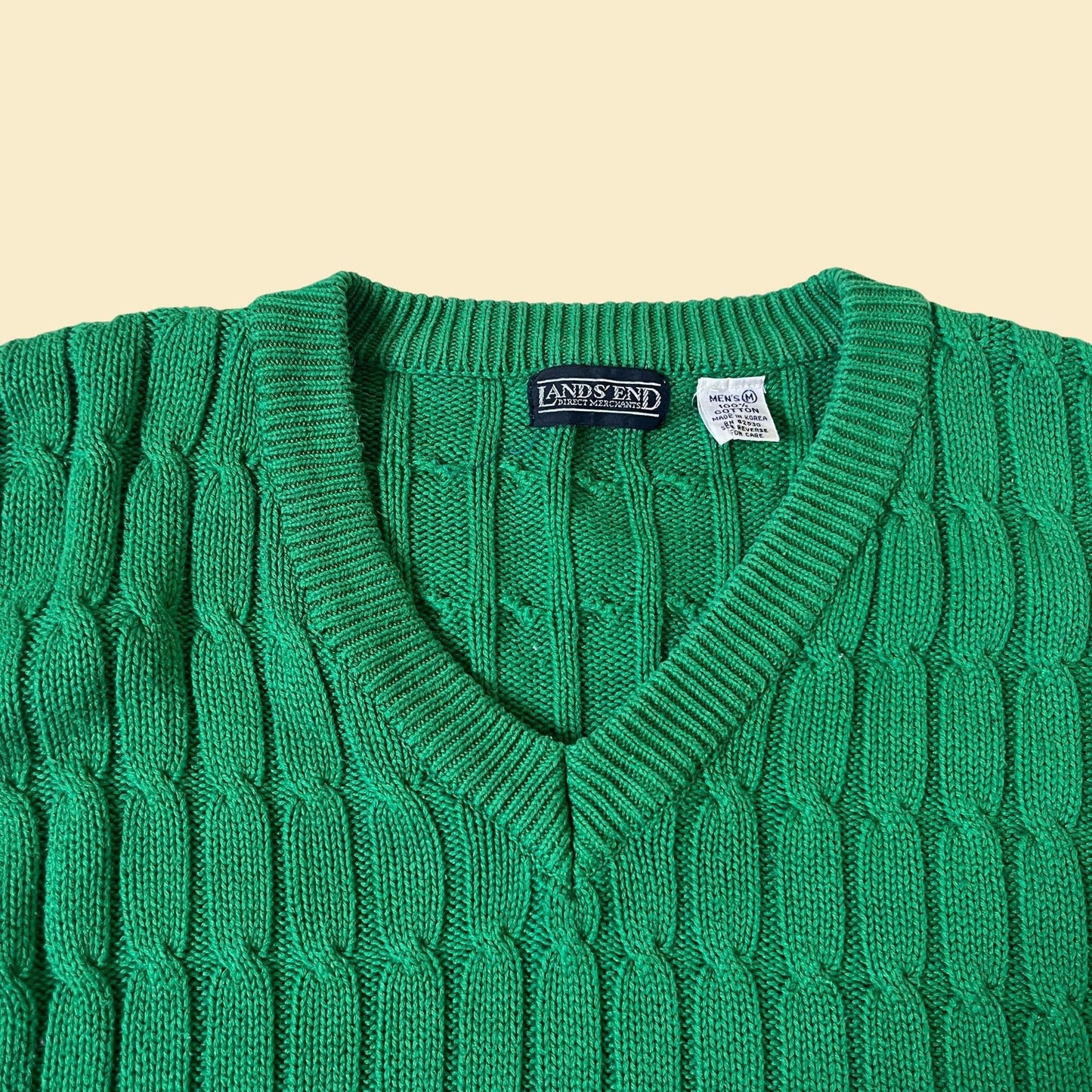 Vintage 80s green v-neck sweater by Lands End, size medium, textured 1980s green sweater