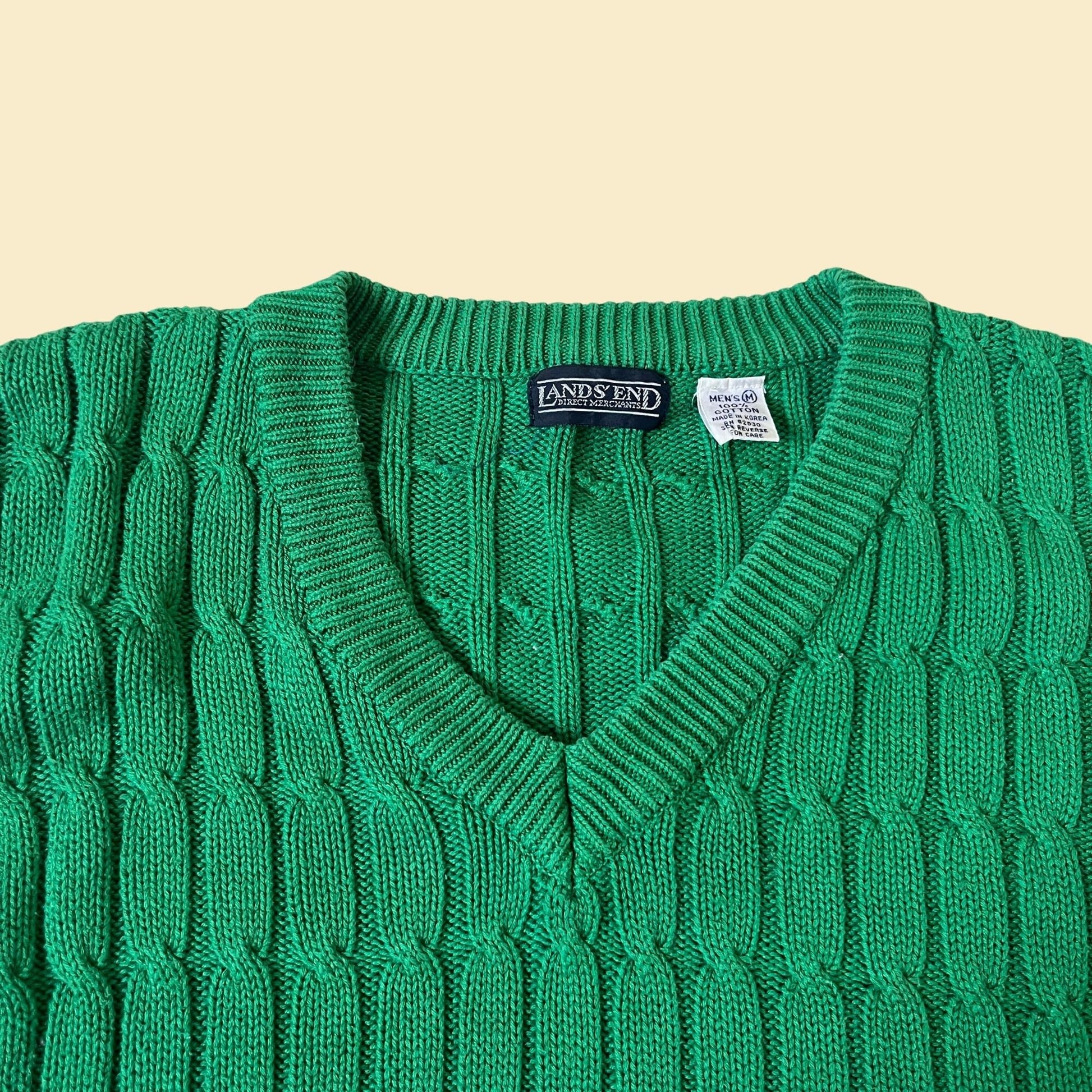 Vintage 80s green v-neck sweater by Lands End, size medium, textured 1980s green sweater