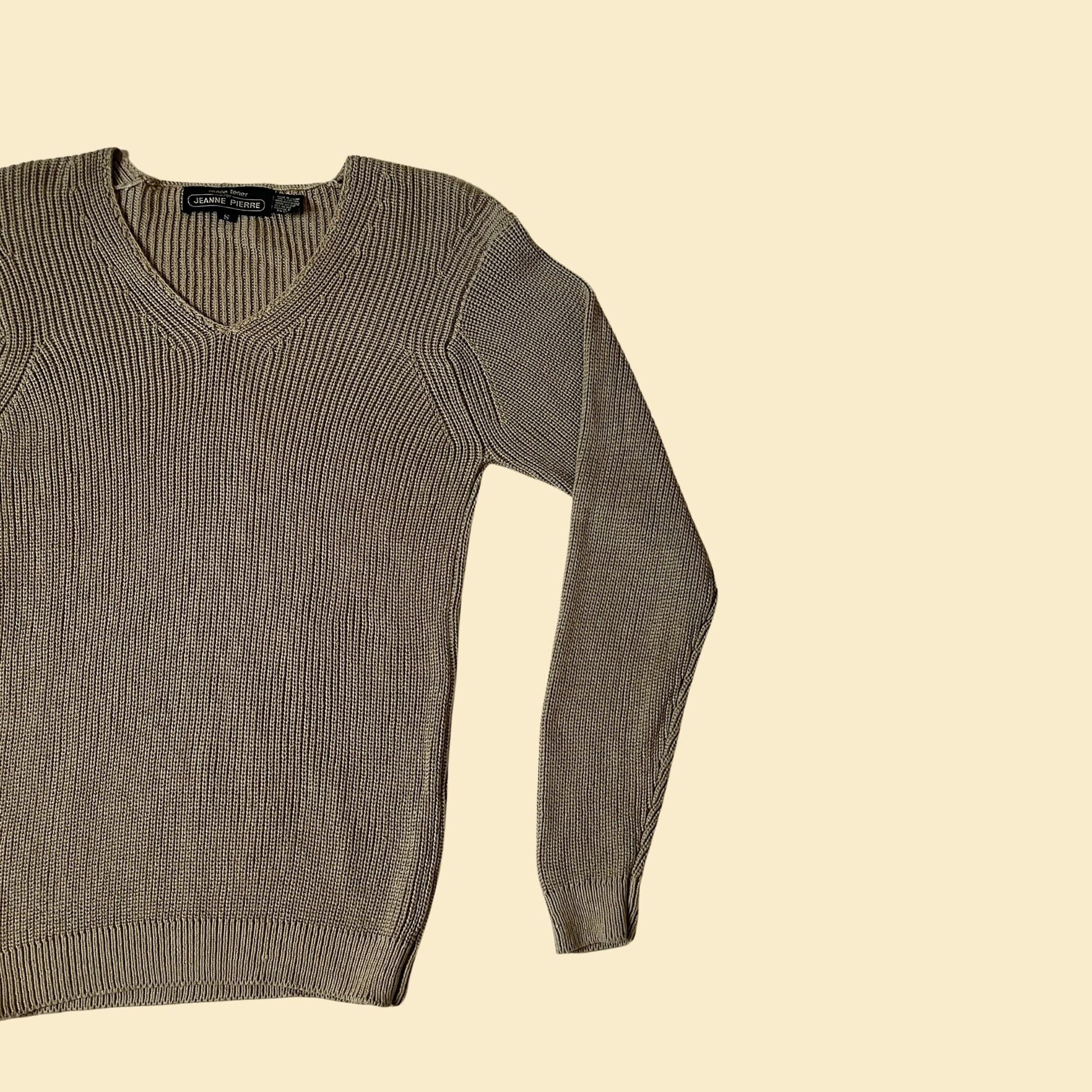 80s brown sweater in size small, Renée Tener for Jeanne Pierre, vintage 1980s knit pullover v-neck sweater