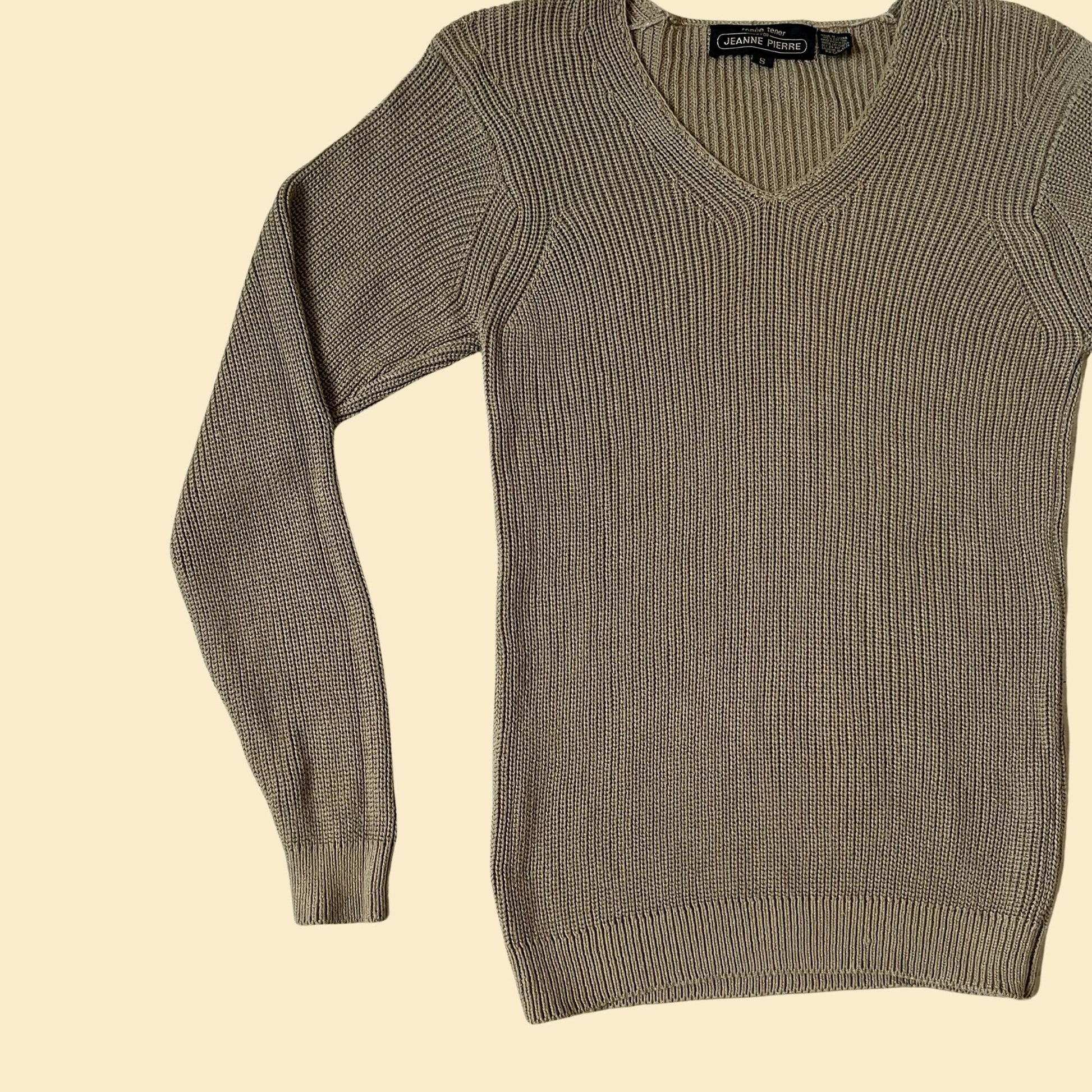 80s brown sweater in size small, Renée Tener for Jeanne Pierre, vintage 1980s knit pullover v-neck sweater