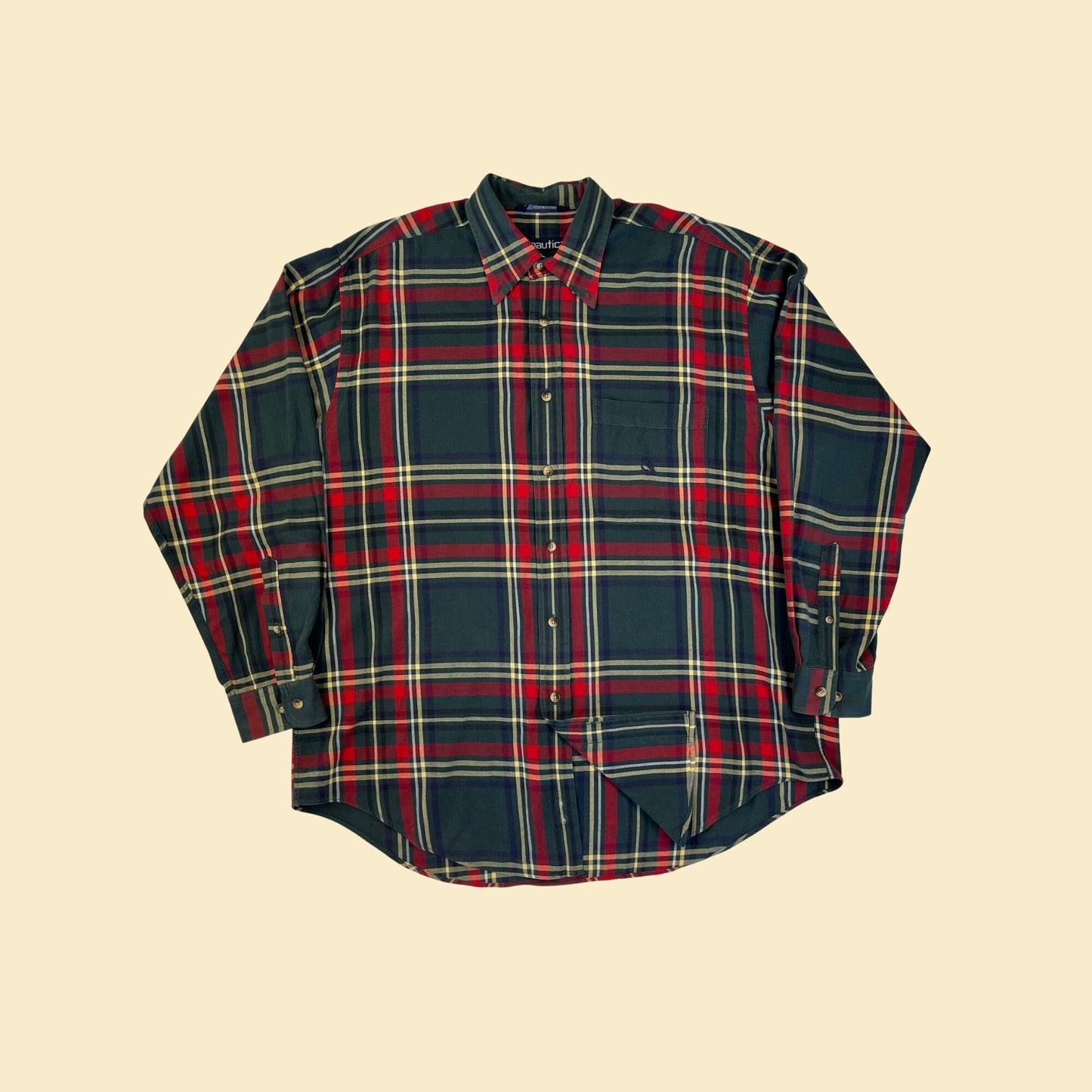 90s L plaid Nautica shirt, vintage 1990s men's flannel in green & red plaid