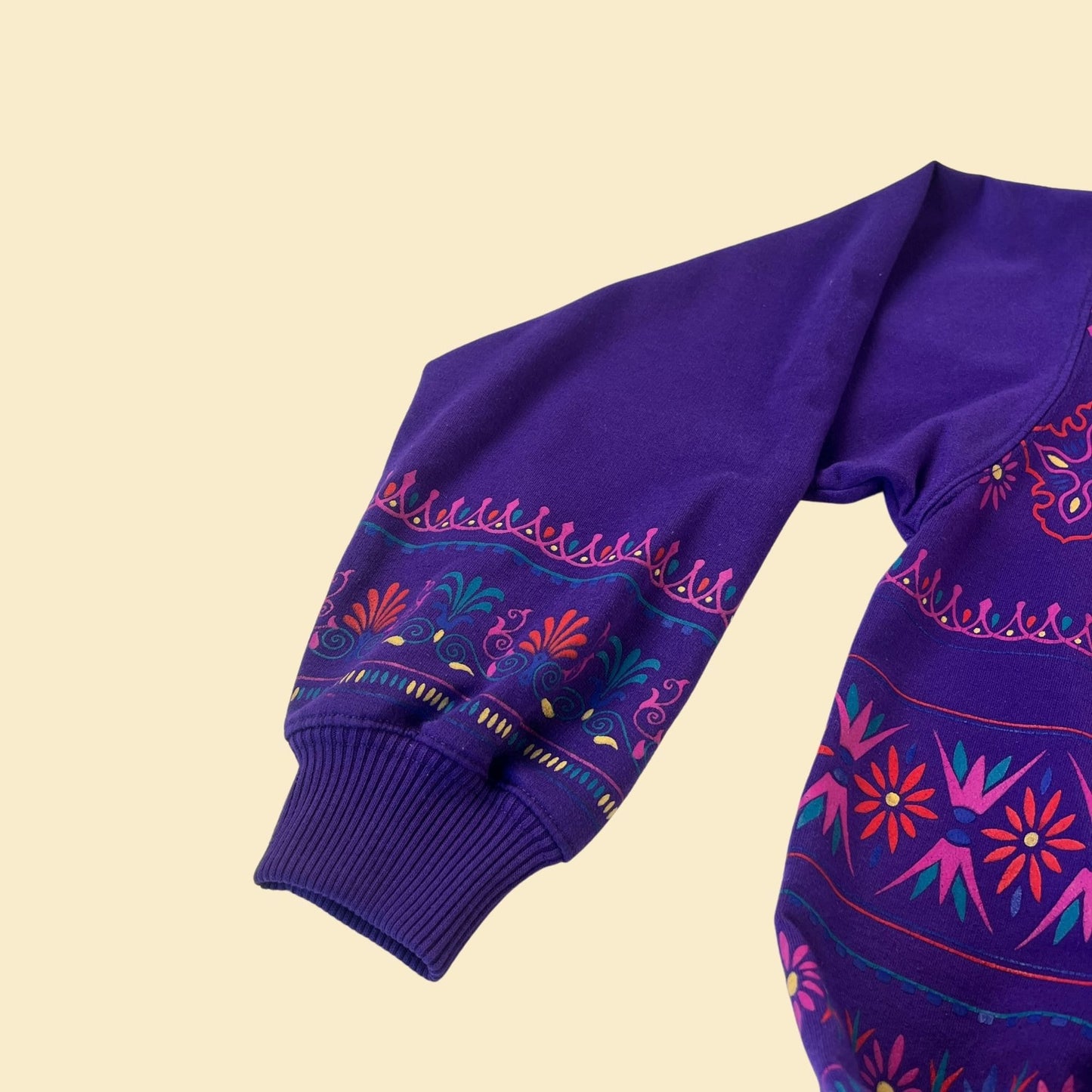 80s purple crewneck by Blast, petite small, vintage 1980s abstract long sleeve pullover crew in with pink and blue ornate pattern