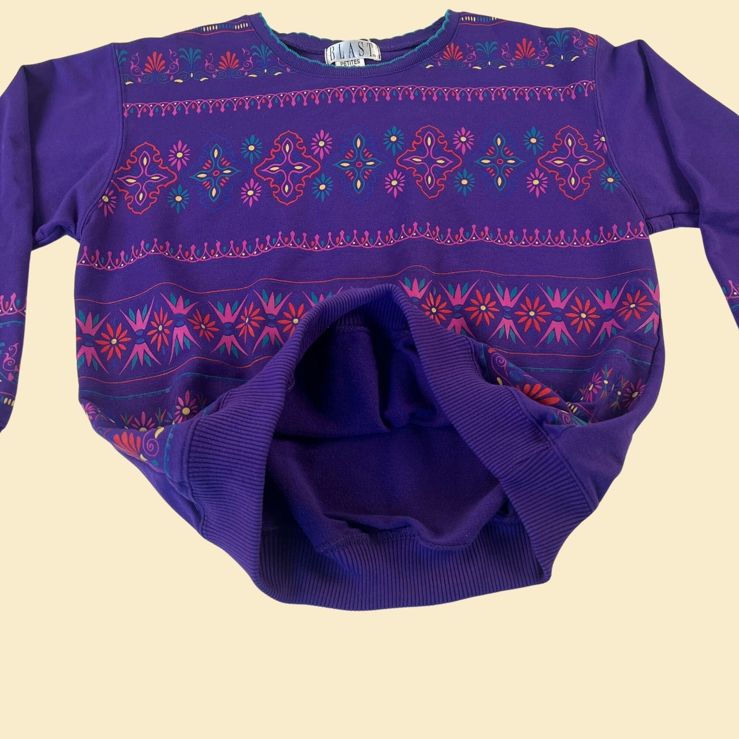 80s purple crewneck by Blast, petite small, vintage 1980s abstract long sleeve pullover crew in with pink and blue ornate pattern