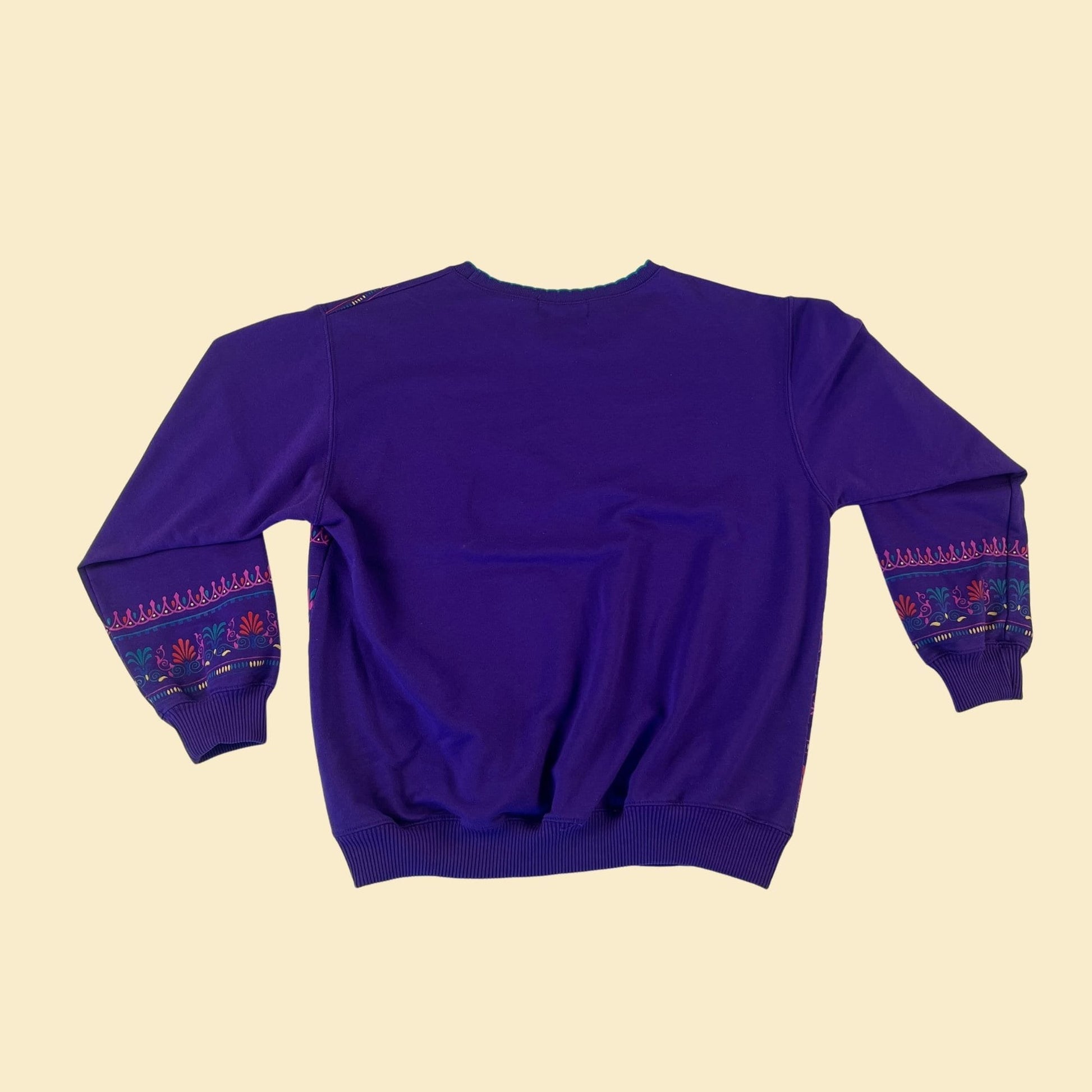 80s purple crewneck by Blast, petite small, vintage 1980s abstract long sleeve pullover crew in with pink and blue ornate pattern