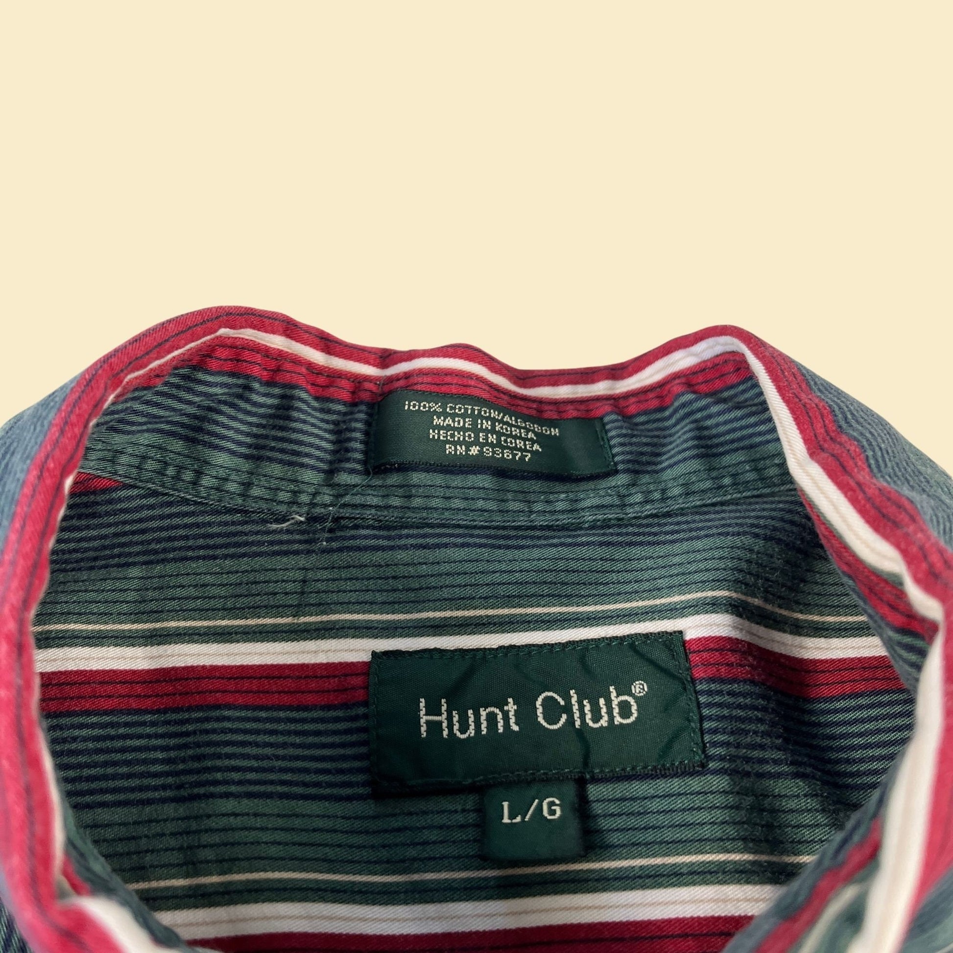 Vintage 90s striped shirt by Hunt Club, size L, 1990s green red and beige men's button down long sleeve oxford