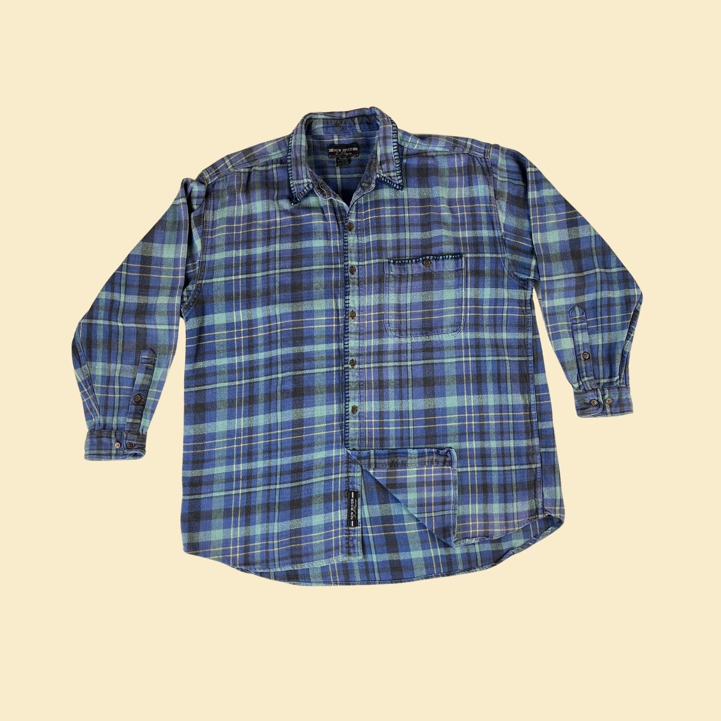 90s XL men's flannel by New River for J. Rigging, vintage plaid blue and yellow men's shirt, 1990s thick button down