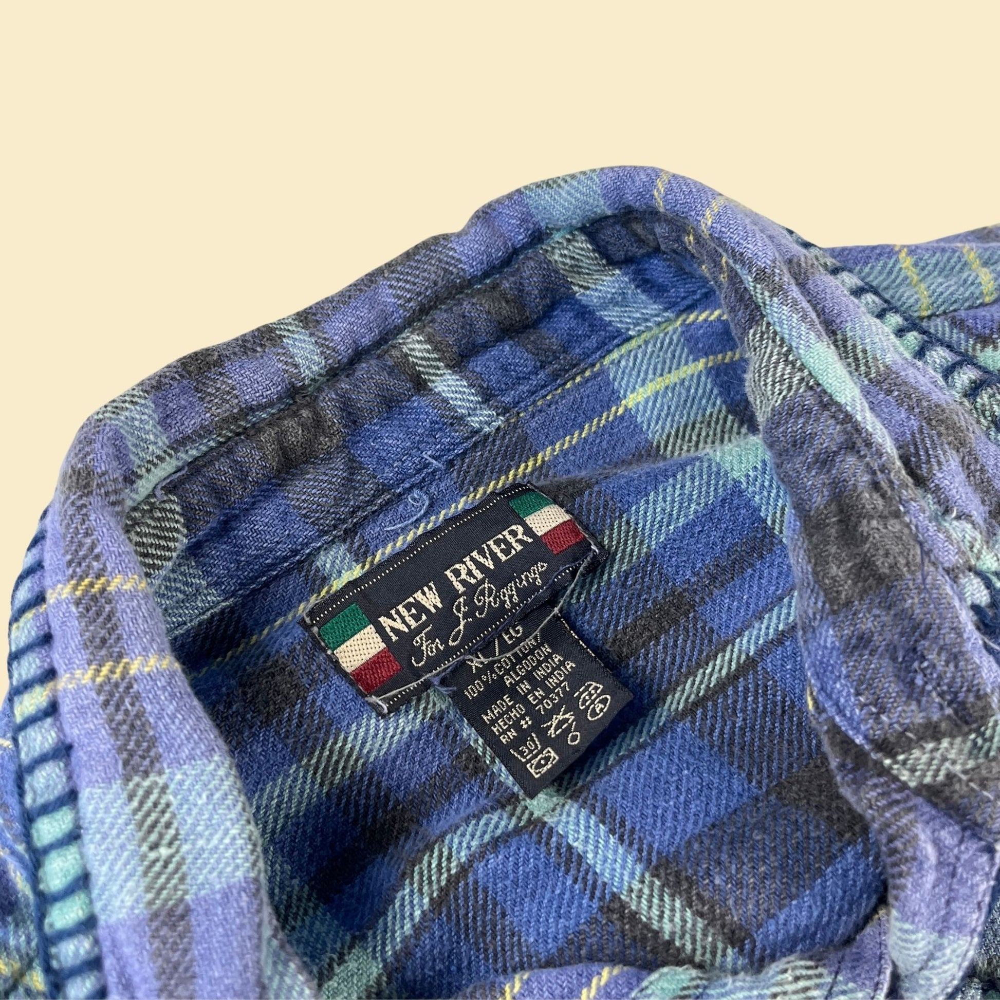 90s XL men's flannel by New River for J. Rigging, vintage plaid blue and yellow men's shirt, 1990s thick button down