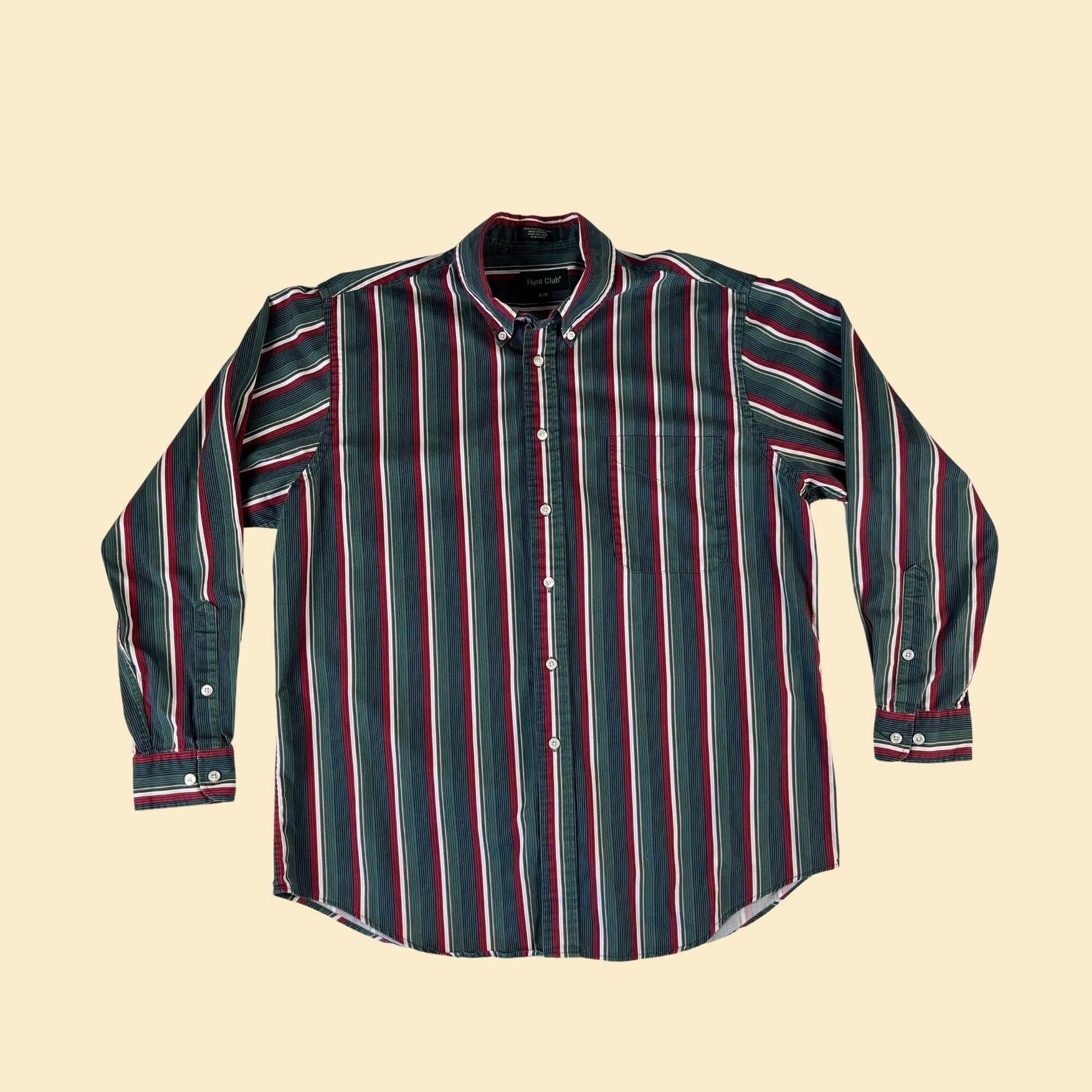 Vintage 90s striped shirt by Hunt Club, size L, 1990s green red and beige men's button down long sleeve oxford