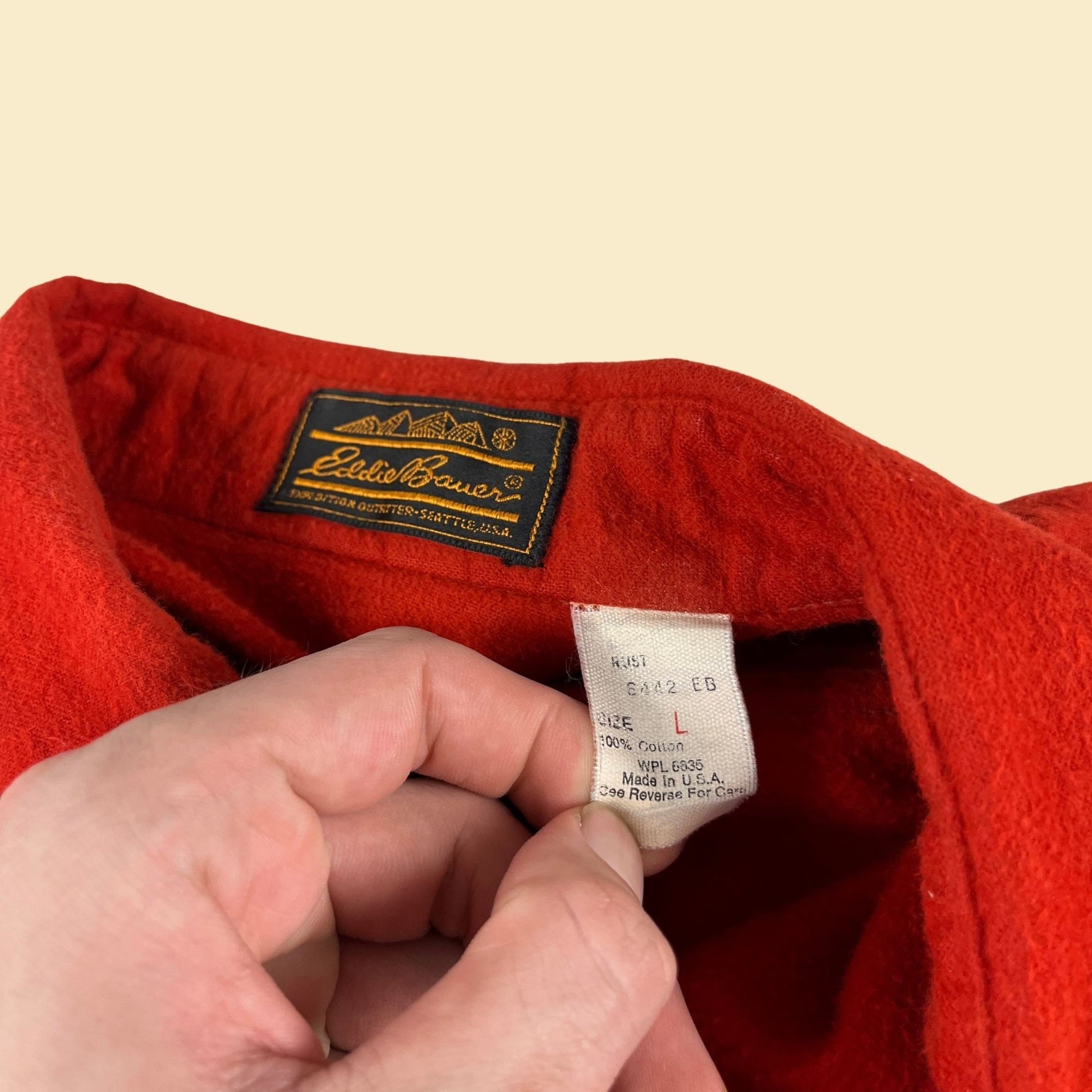 80s Eddie Bauer red shirt, size L, vintage 1980s cotton / felt men's button down