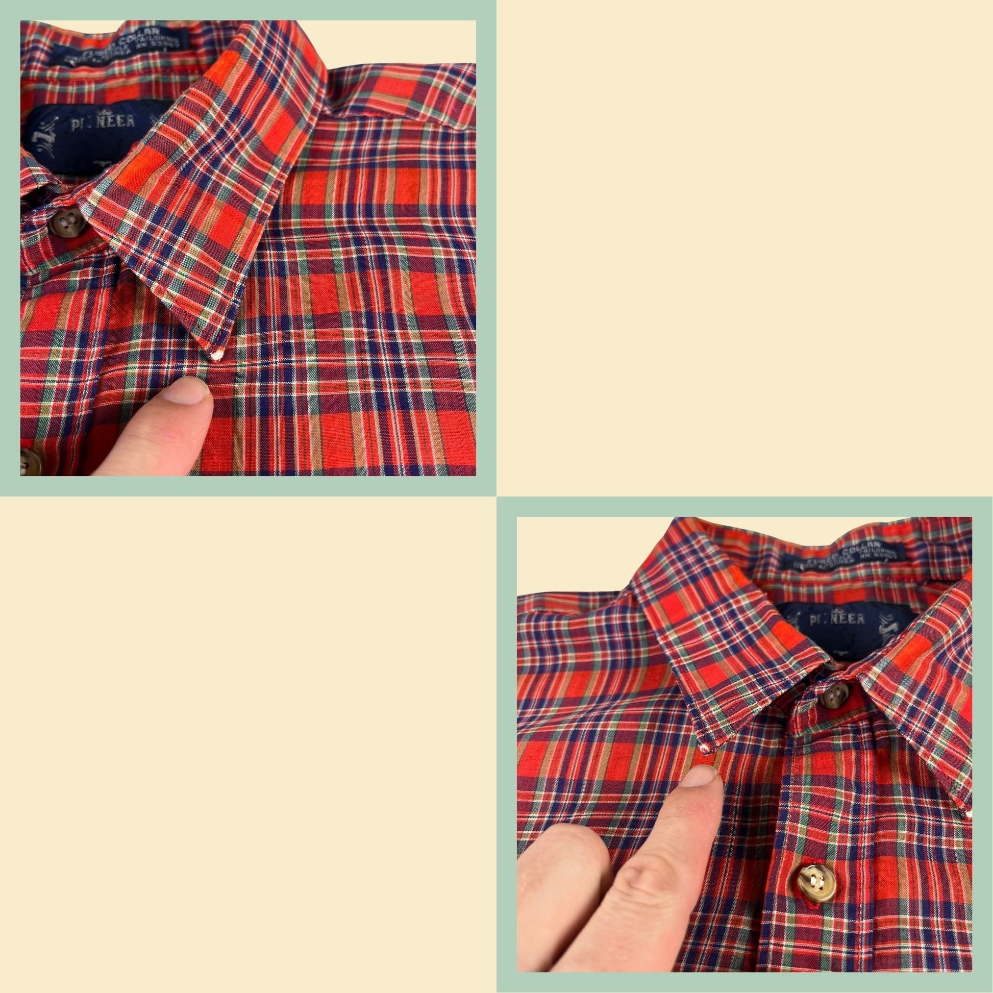 Vintage 80s plaid red shirt by Pioneer, size M-L, 1980s red and blue patterned short sleeve top