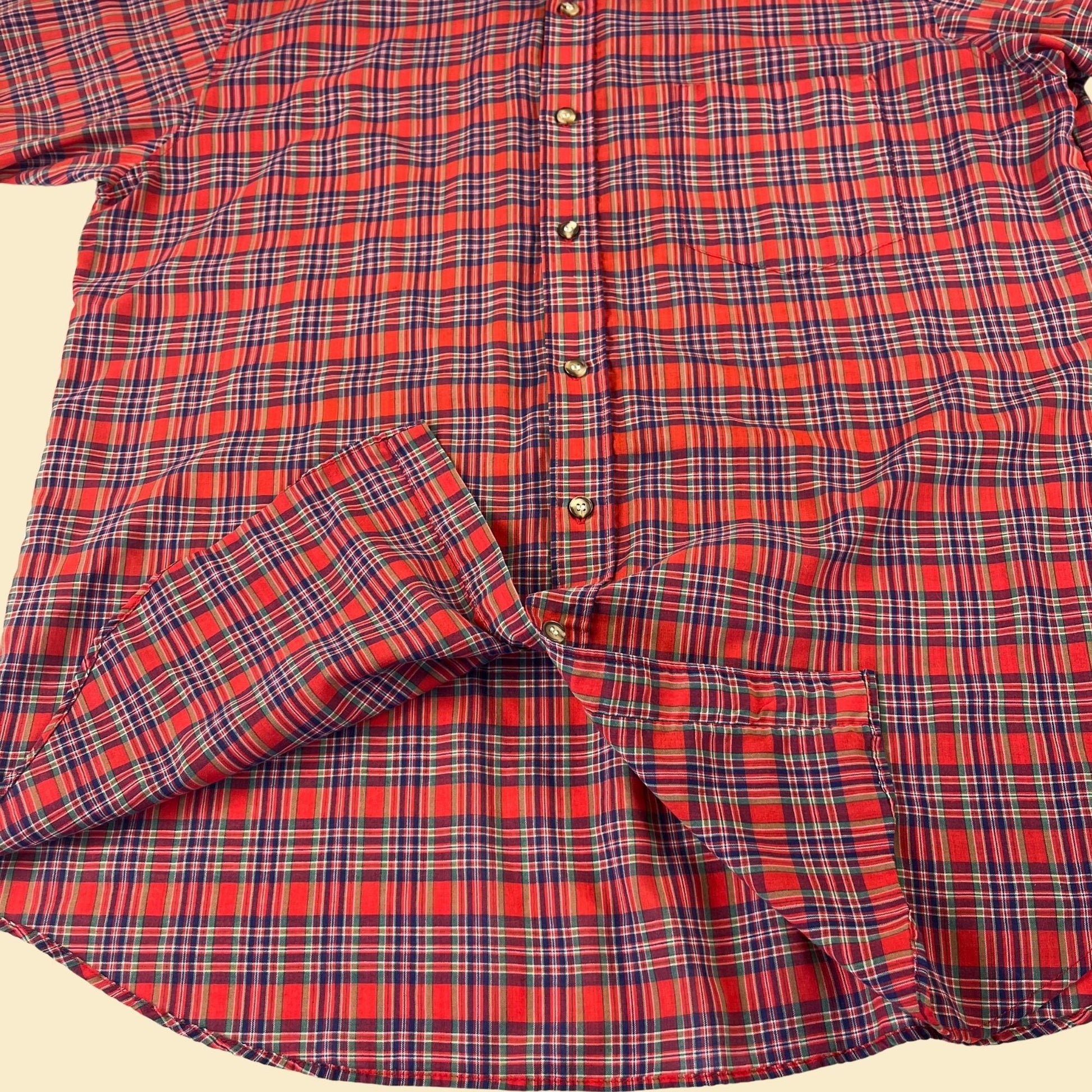 Vintage 80s plaid red shirt by Pioneer, size M-L, 1980s red and blue patterned short sleeve top