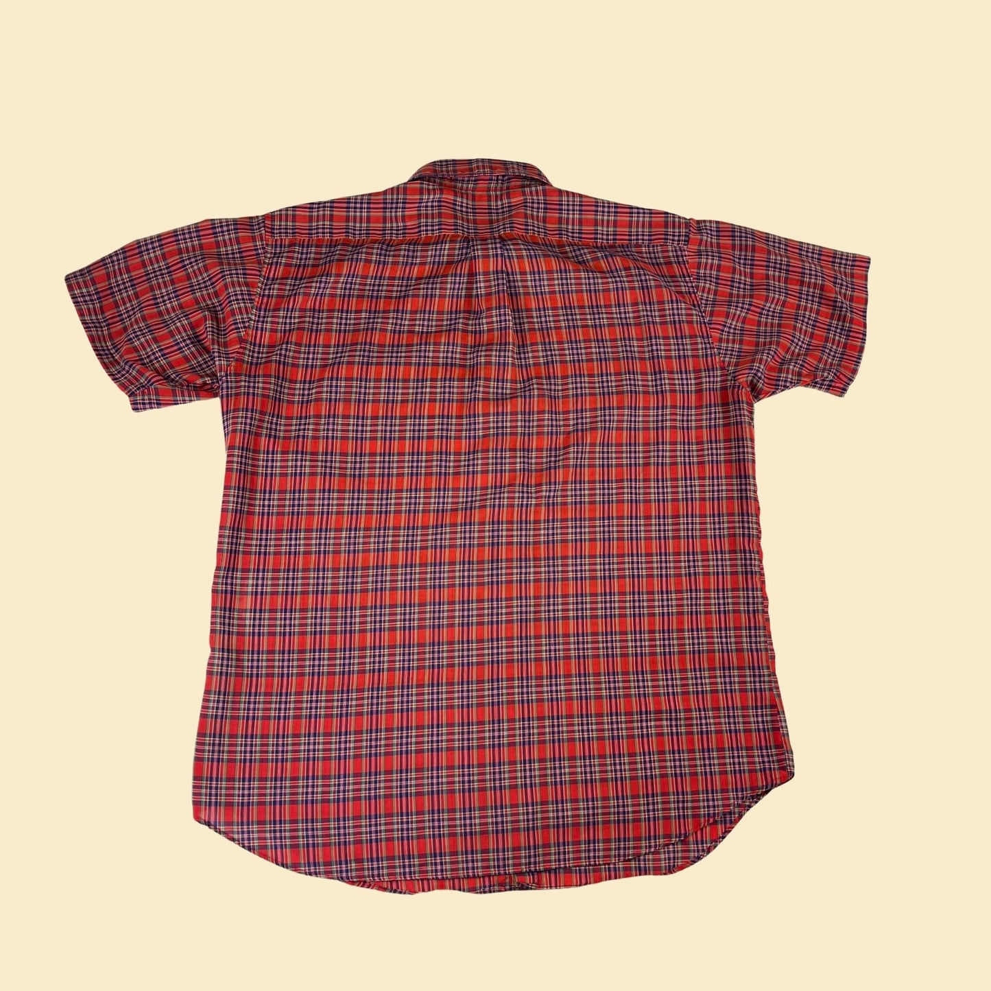 Vintage 80s plaid red shirt by Pioneer, size M-L, 1980s red and blue patterned short sleeve top