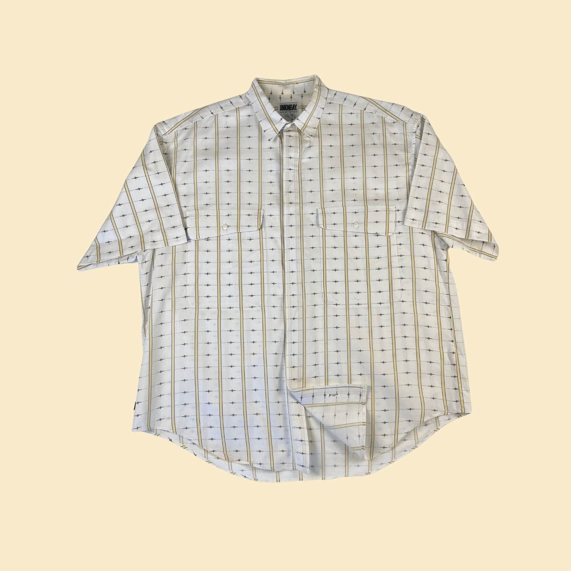 90s men's patterned shirt by Union Bay, size L, white, vintage white and yellow 1990s short sleeve casual button down