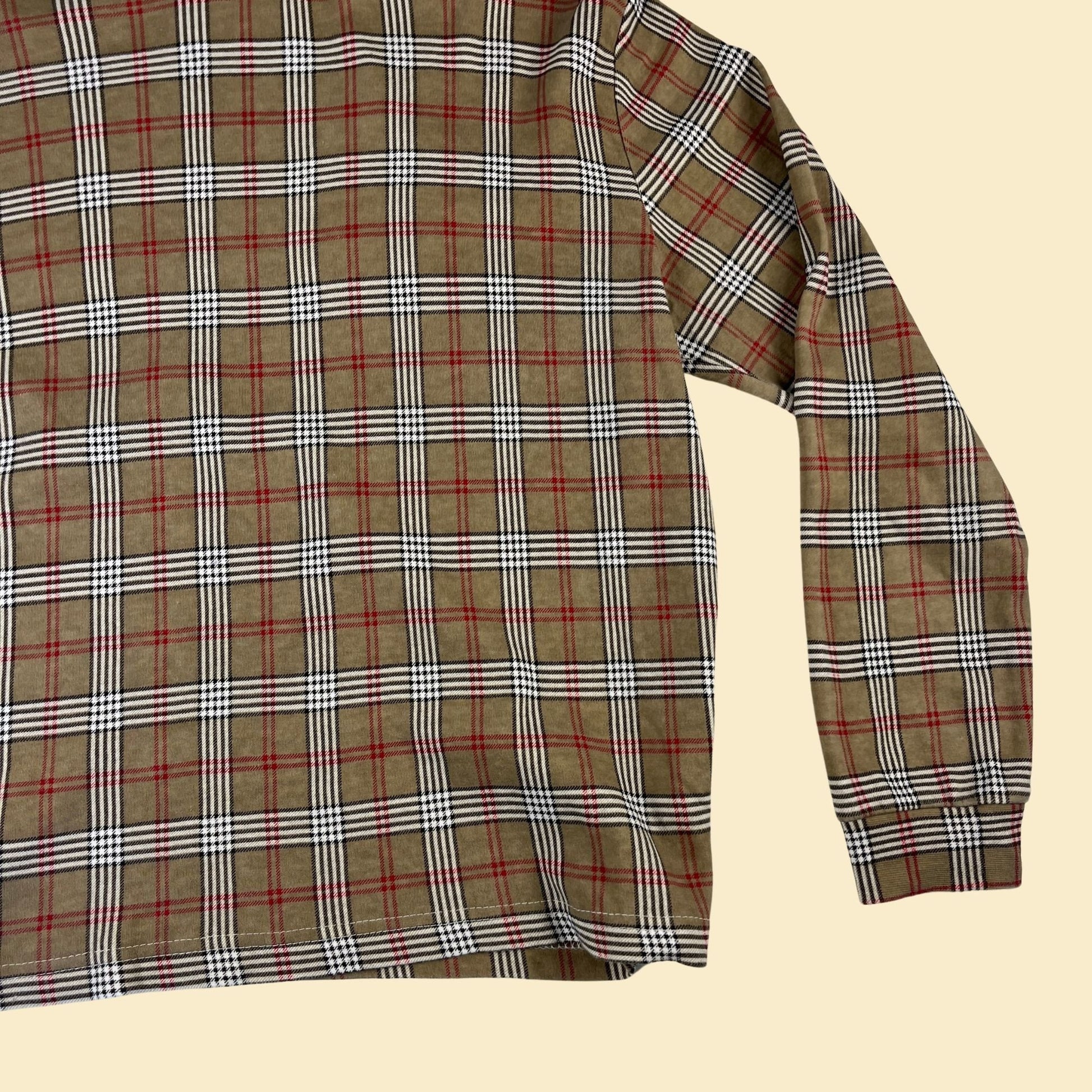 90s plaid turtleneck by Basic Editions, size L, vintage 1990s women's beige, red & white long sleeve preppy shirt