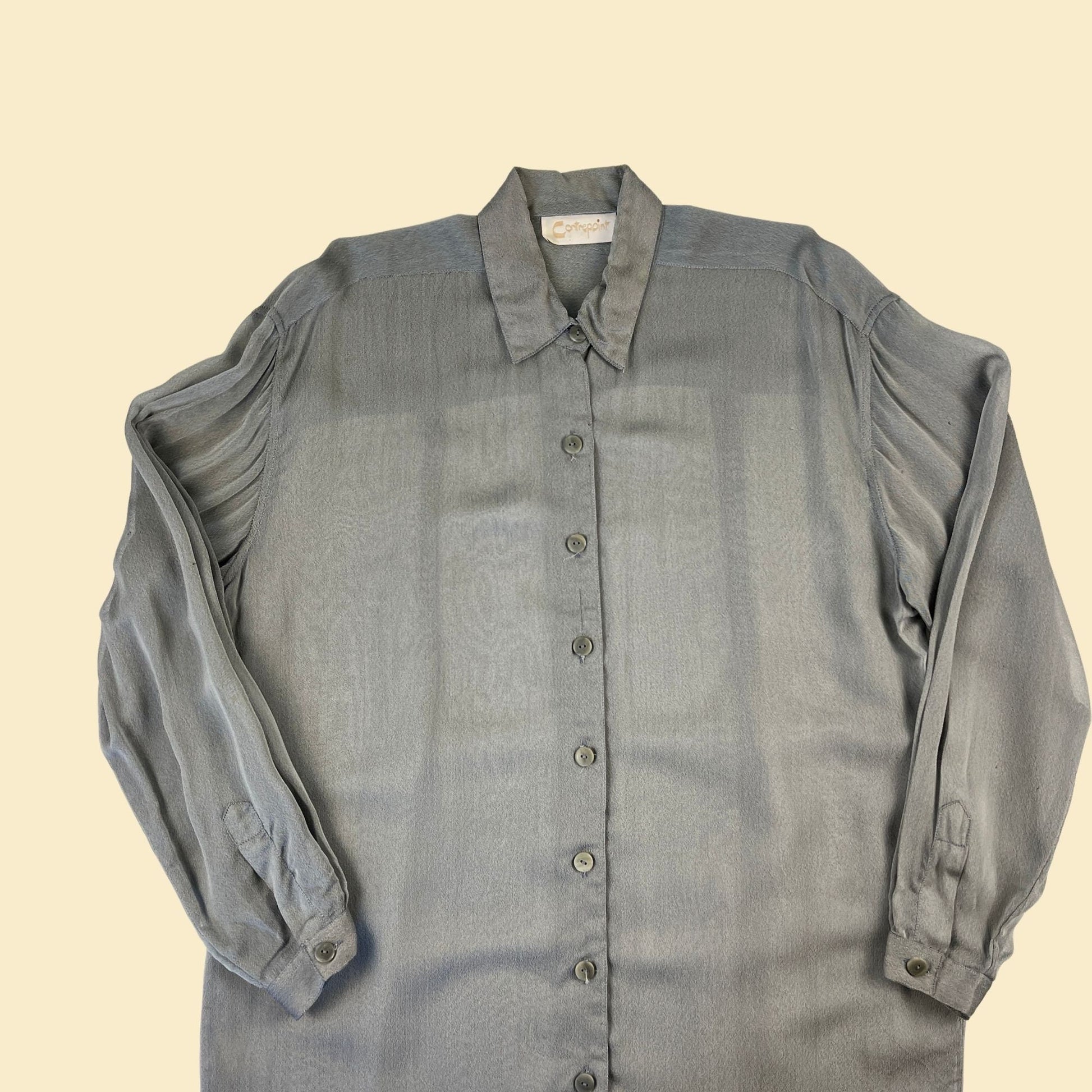 80s sheer grey dress by Contrepoint, vintage 1980s silver button down shirt dress