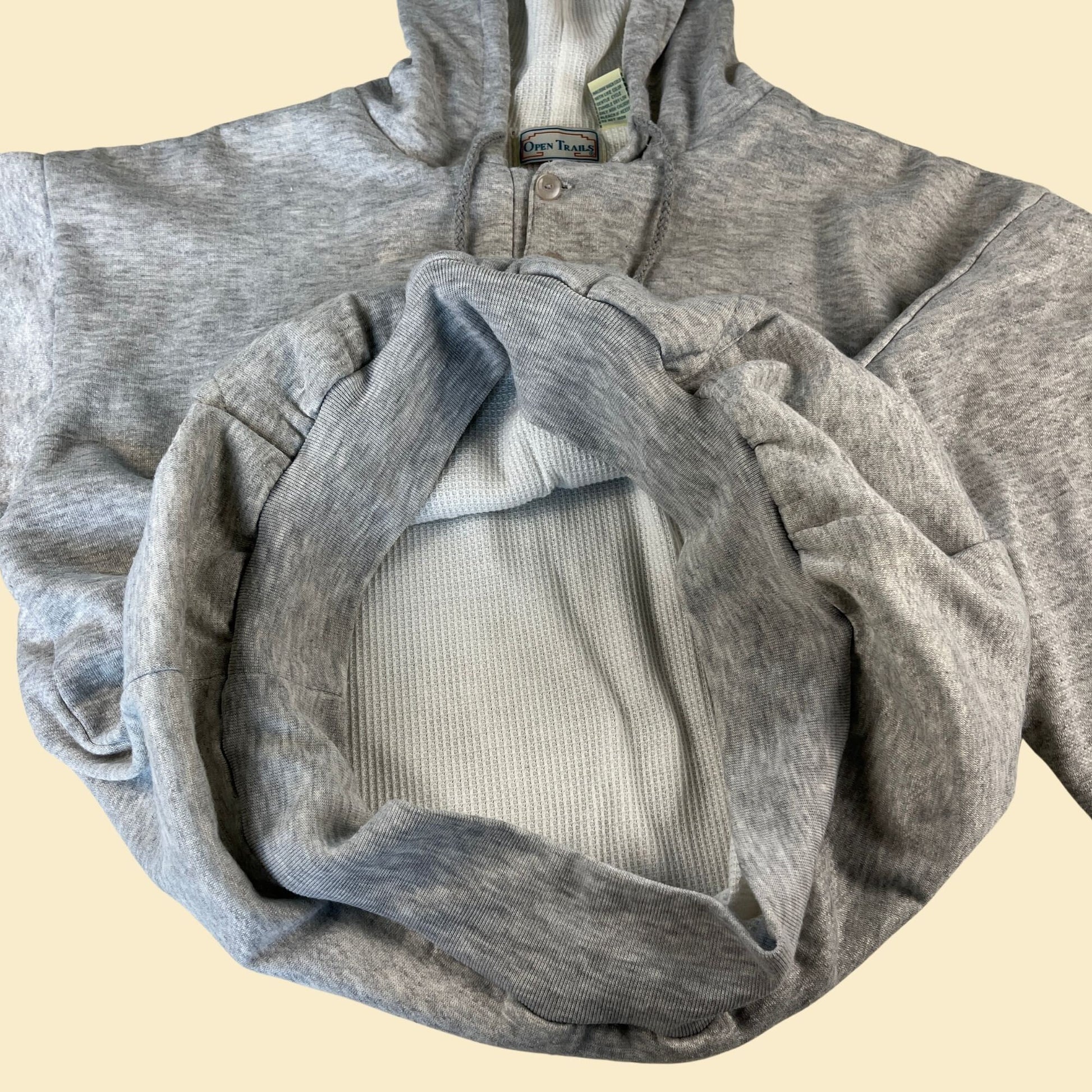 Vintage 80s size L pullover hoodie by Open Trails, 1980s grey pullover jacket with buttons and drawstrings