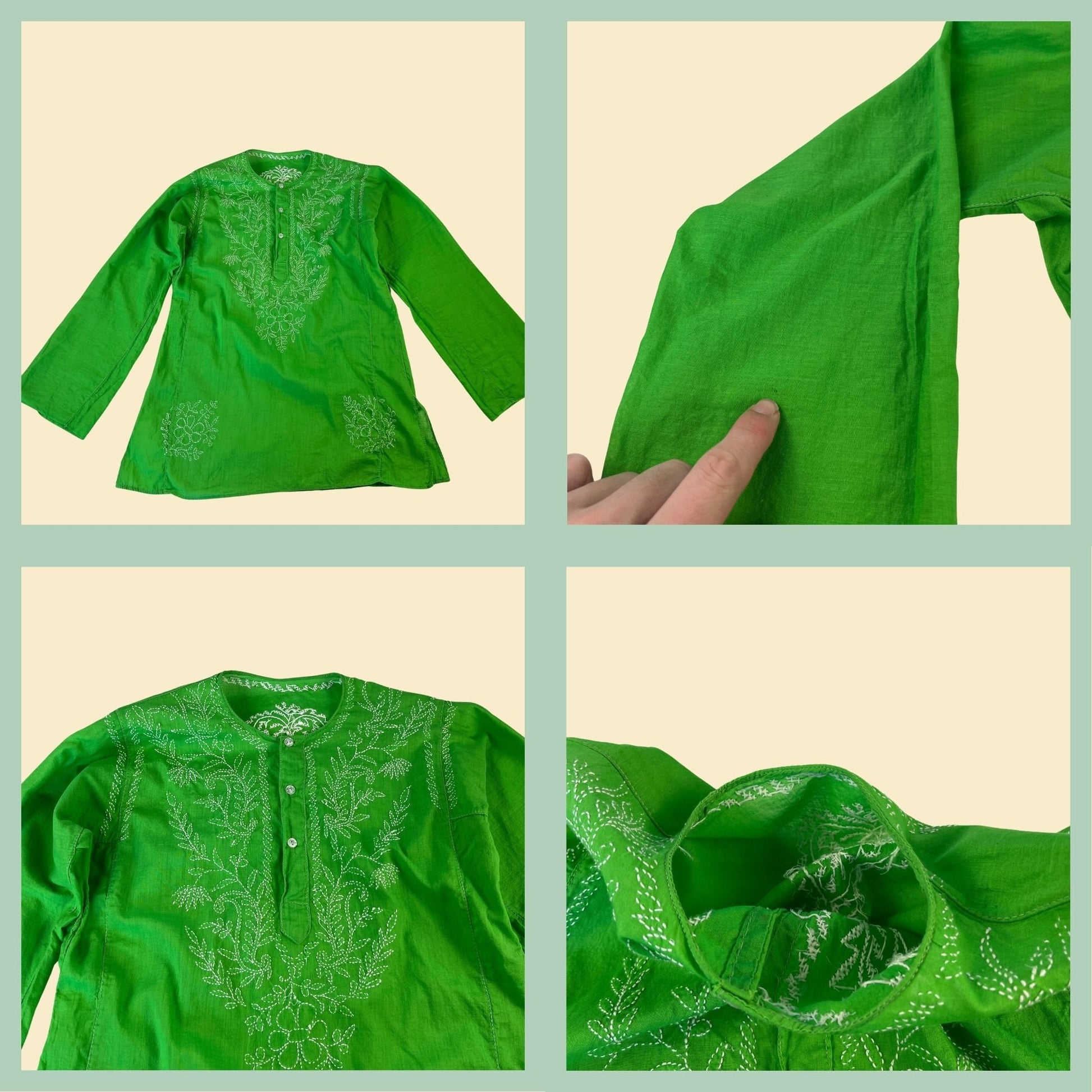 1970s embroidered green blouse, vintage 70s green & white floral leaf patterned long sleeve shirt