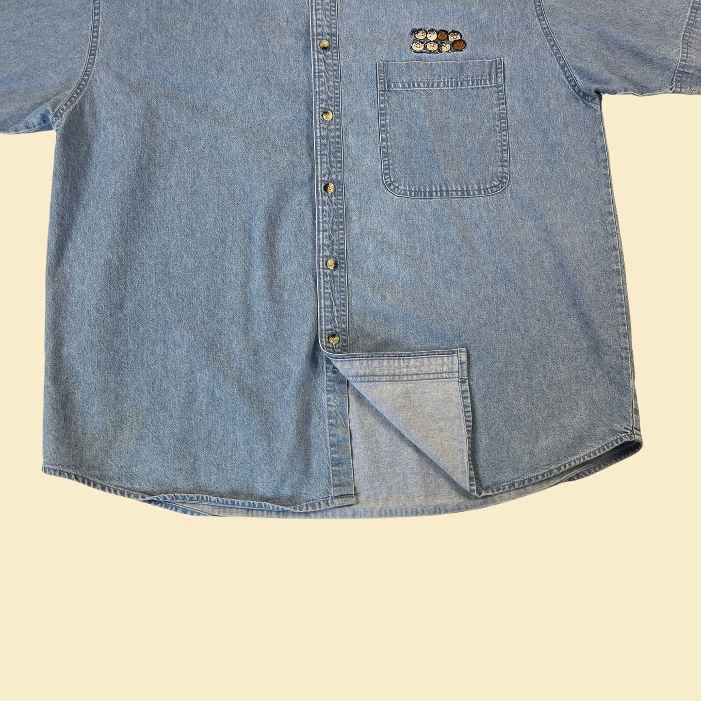 90s chambray teacher's shirt, size XL denim short sleeve, vintage 1990s preschool / kids teacher shirt