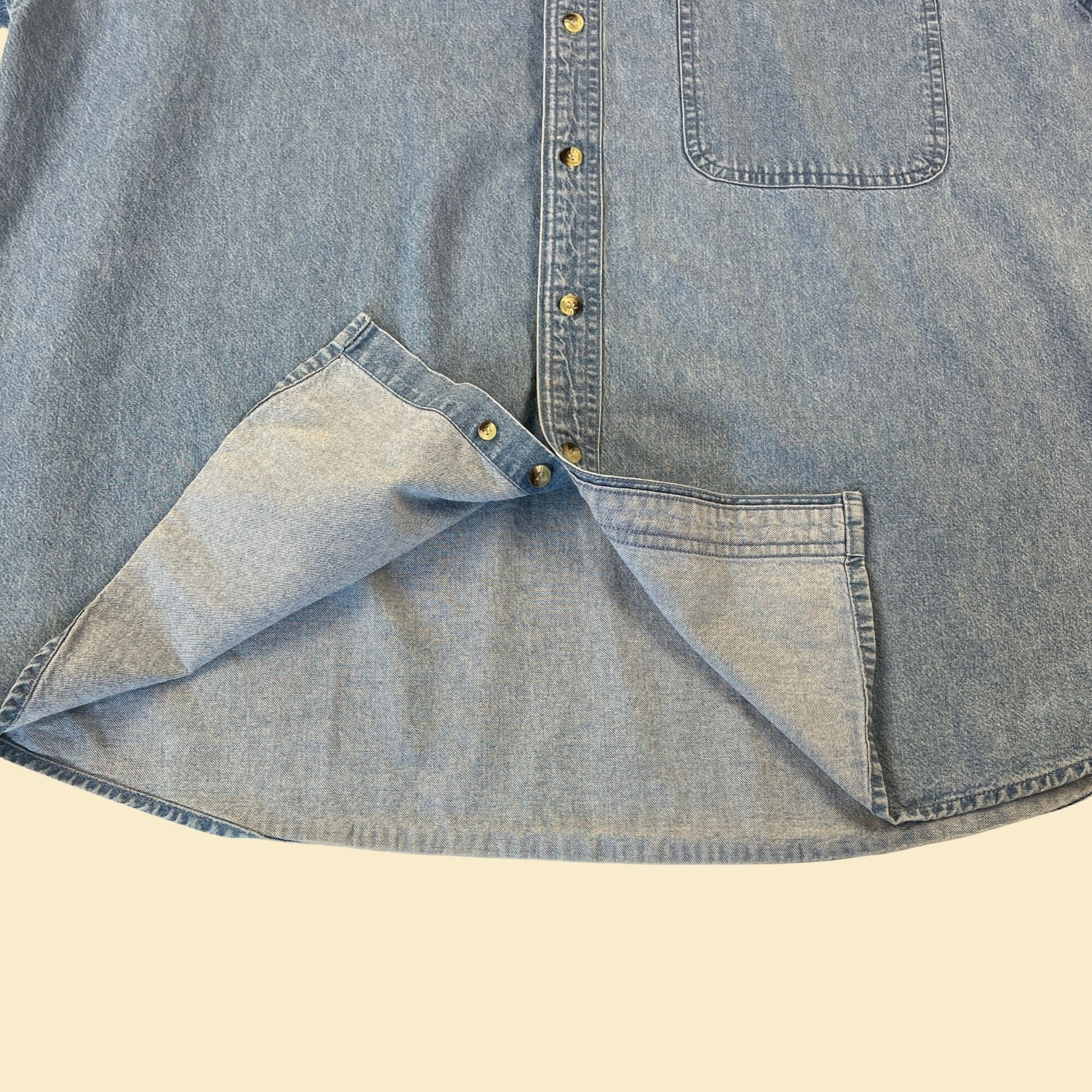 90s chambray teacher's shirt, size XL denim short sleeve, vintage 1990s preschool / kids teacher shirt