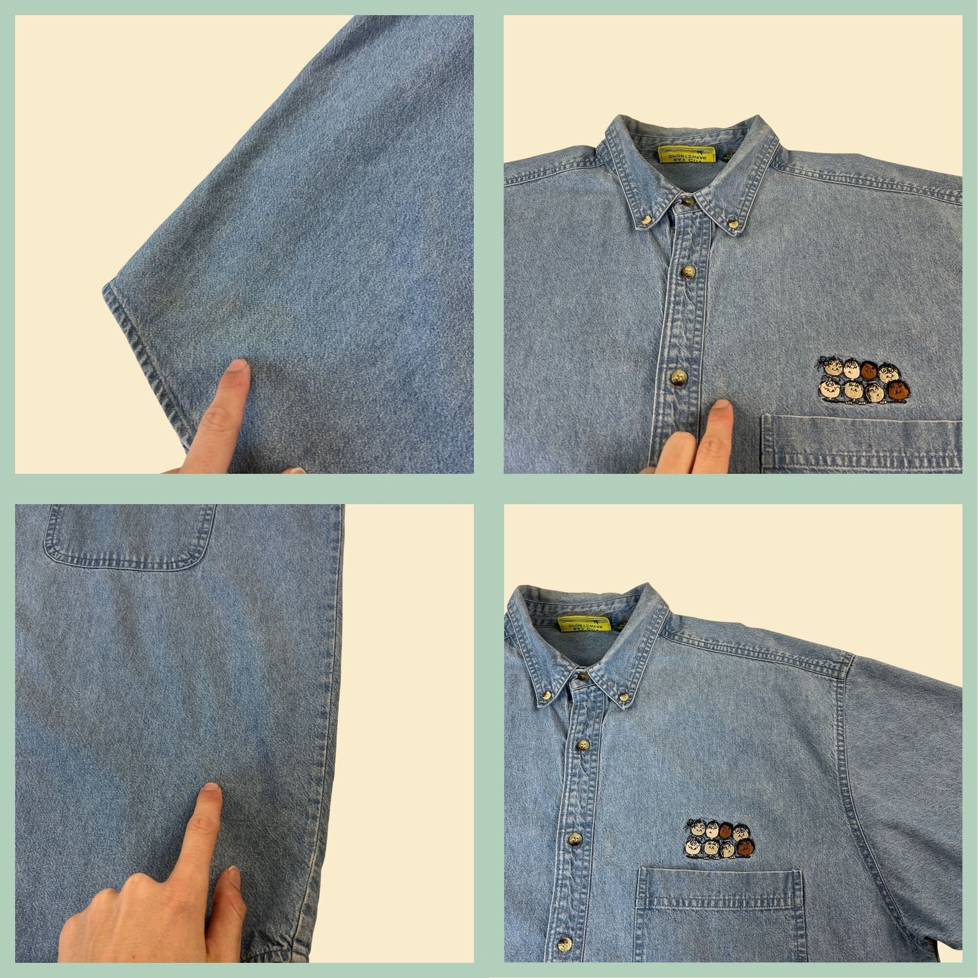 90s chambray teacher's shirt, size XL denim short sleeve, vintage 1990s preschool / kids teacher shirt