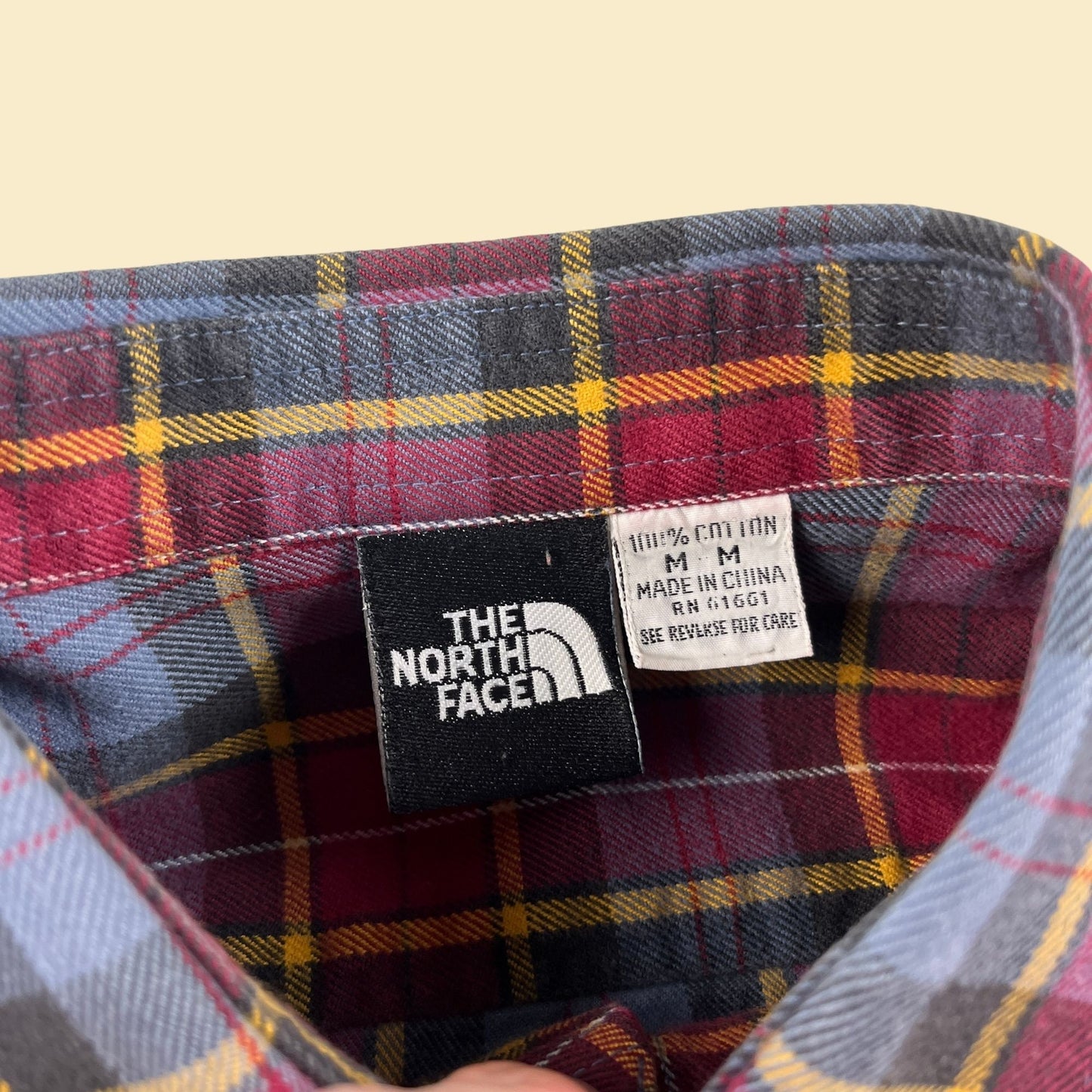 90s flannel by The North Face, size M, vintage 1990s red & blue plaid button down shirt