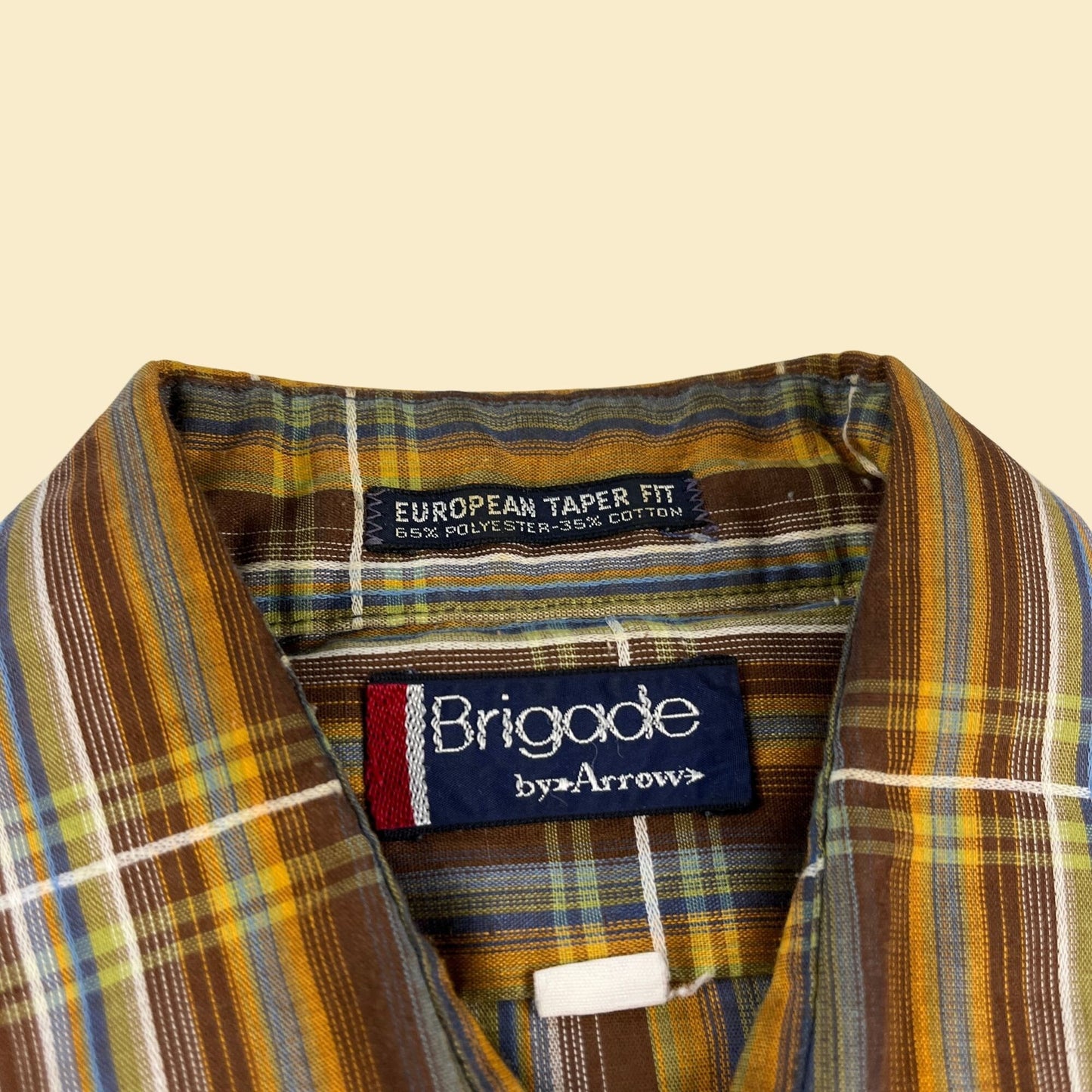 70s brown patterned shirt by Brigade by Arrow, size S-M, vintage 1970s brown & orange button down