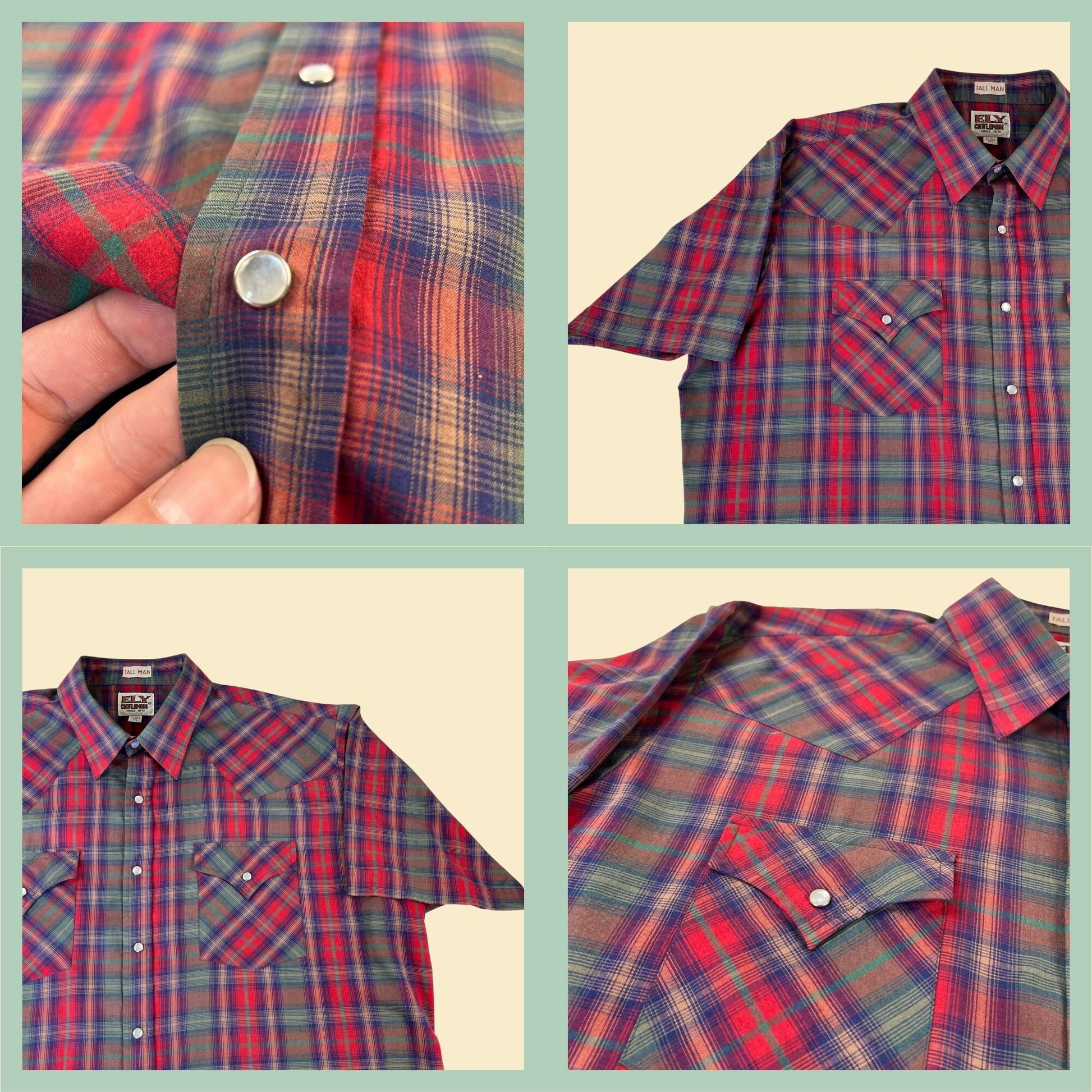 Vintage 1970s western men's short sleeve shirt by Ely Gentlemen, tall XL, red & plaid button down with pearl snap clasps and front pockets