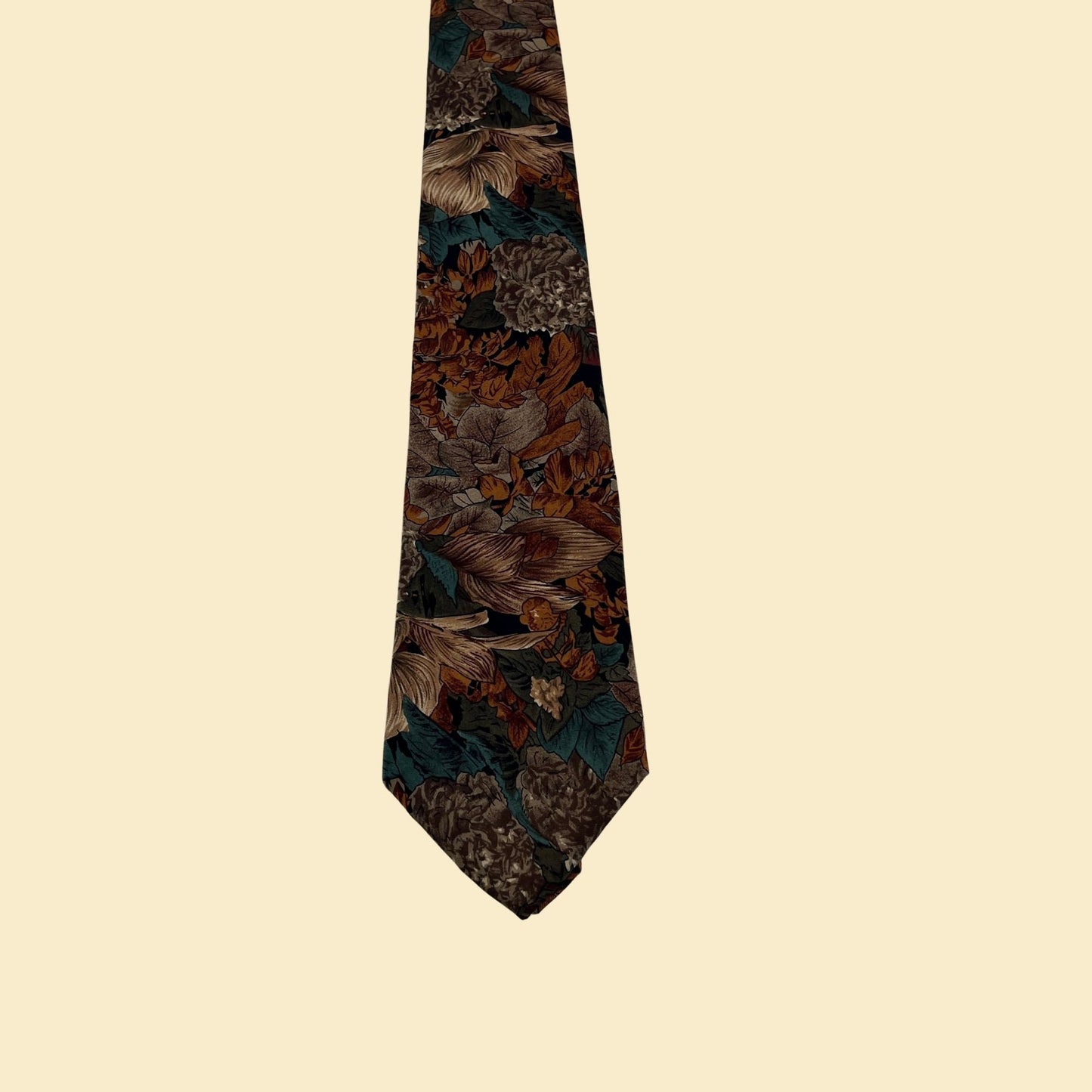 70s Burma Bimas necktie, vintage 1970s floral & leaf patterned tie, orange / teal abstract silk tie