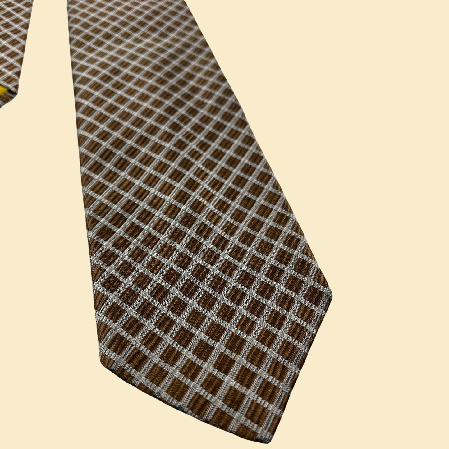 1970s copper necktie by The Custom Shop, vintage 70s grid patterned metallic copper & gold silk tie