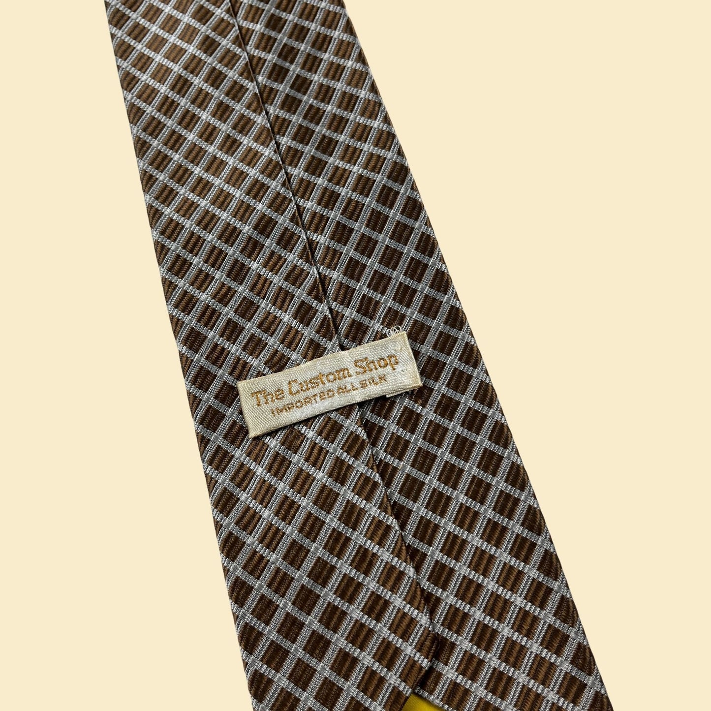 1970s copper necktie by The Custom Shop, vintage 70s grid patterned metallic copper & gold silk tie